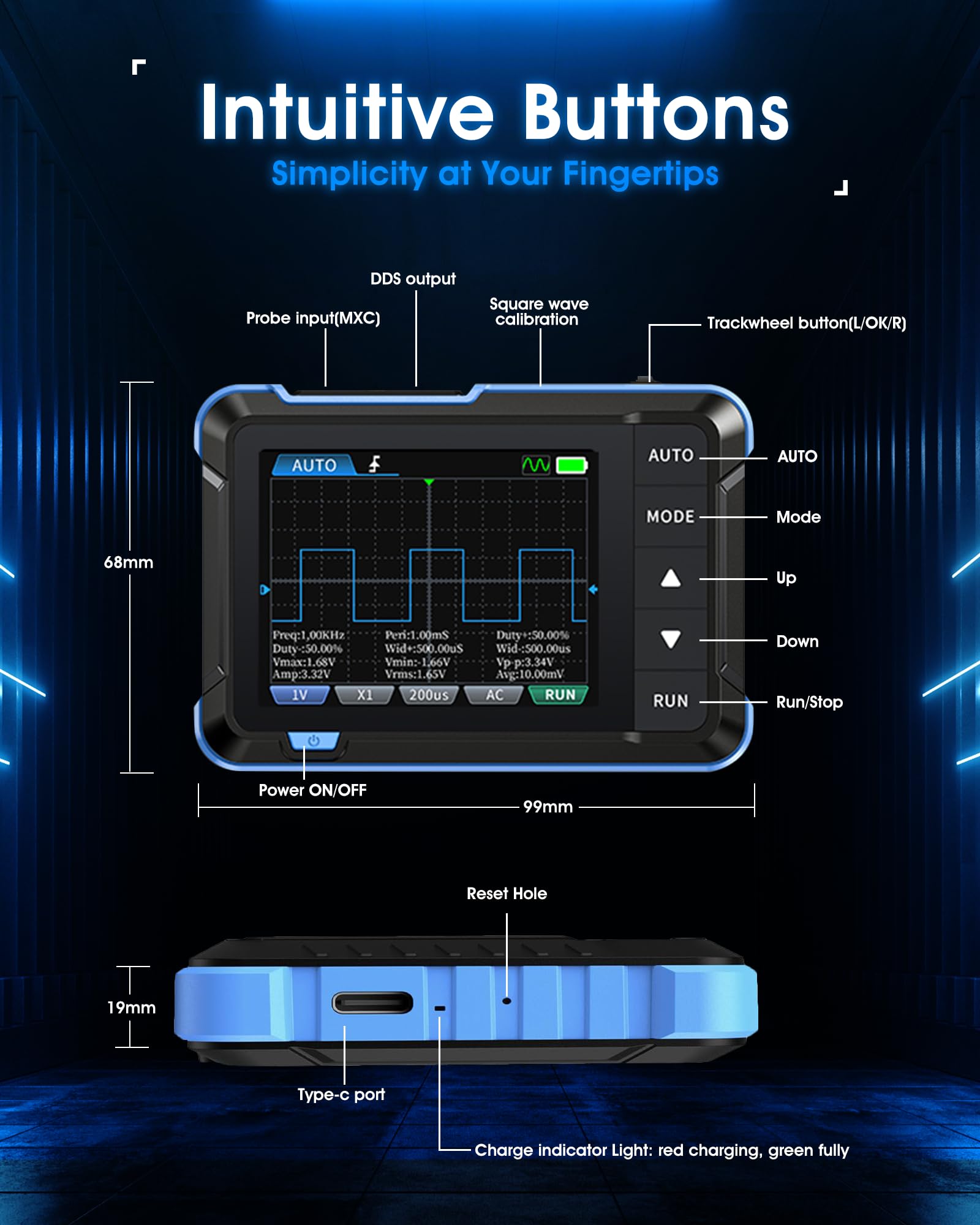 2-in-1 Handliches Oszilloskop, WapoRich DSO153 Digitaloszilloskop mit Signalgenerator 1 MHz, 5 MSa/s, 14 Signalformen, Online Update Kompaktes Mini-Oszi für unterwegs