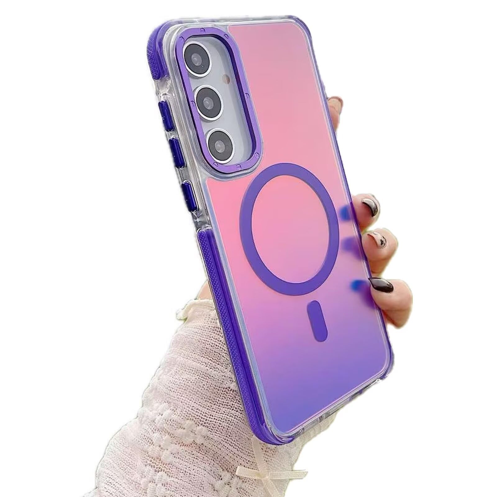 Rnrieyta Miagon Iridescent Color Change Rainbow Case for Samsung Galaxy S21 FE,Fluorescent Glitter [Compatible with Magsafe] Bumper Magnetic