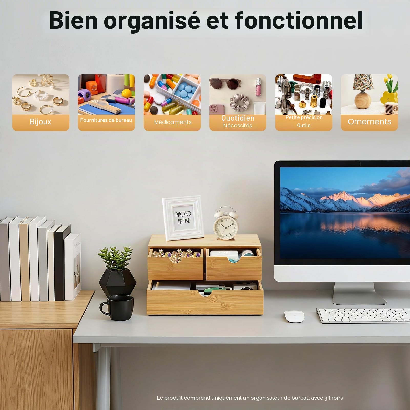 Organiseur de bureau en bambou avec tiroirs - Mini commode en bambou - Design monobloc - Boîte à maquillage avec 3 tiroirs - Pour bureau, salon et chambre à coucher