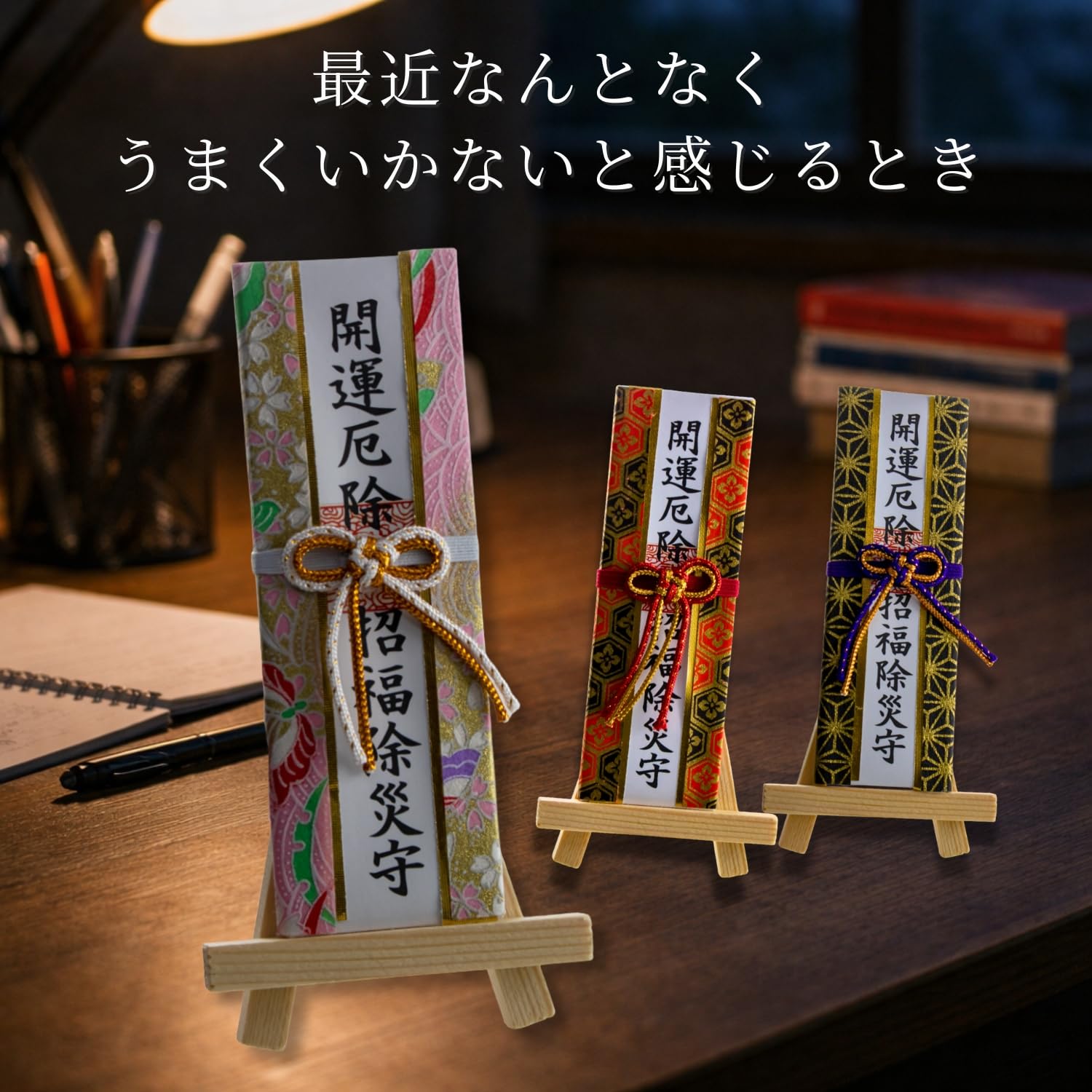 Amazon｜【卓上型 ミニ木札 黒金 麻柄】 | 厄除け 金運UP 健康 | 和風