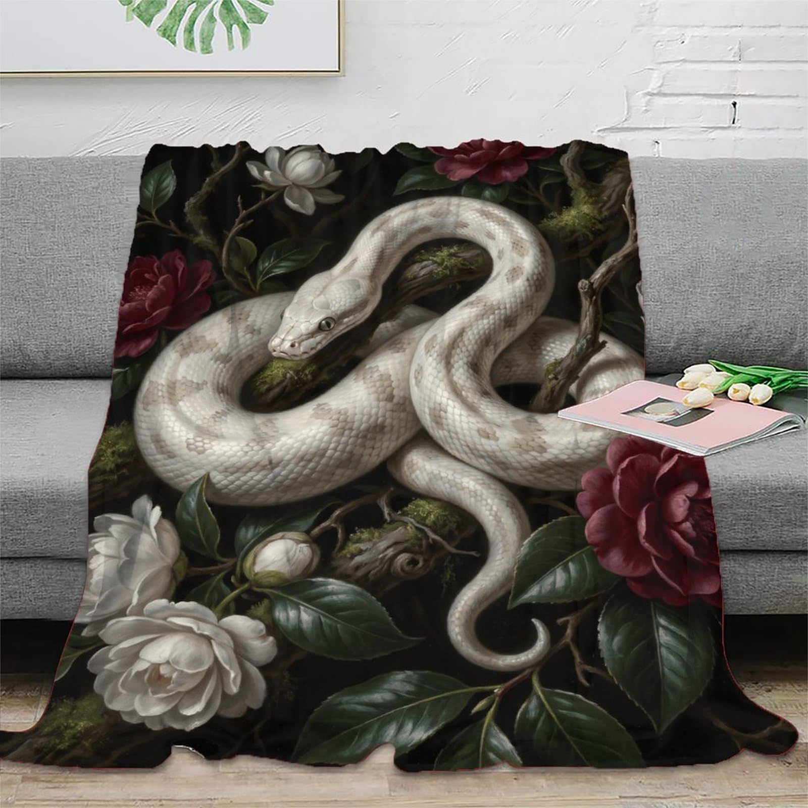 W7C8U2X3 White Snake White Roses Throw Blanket, Flannel, Reading