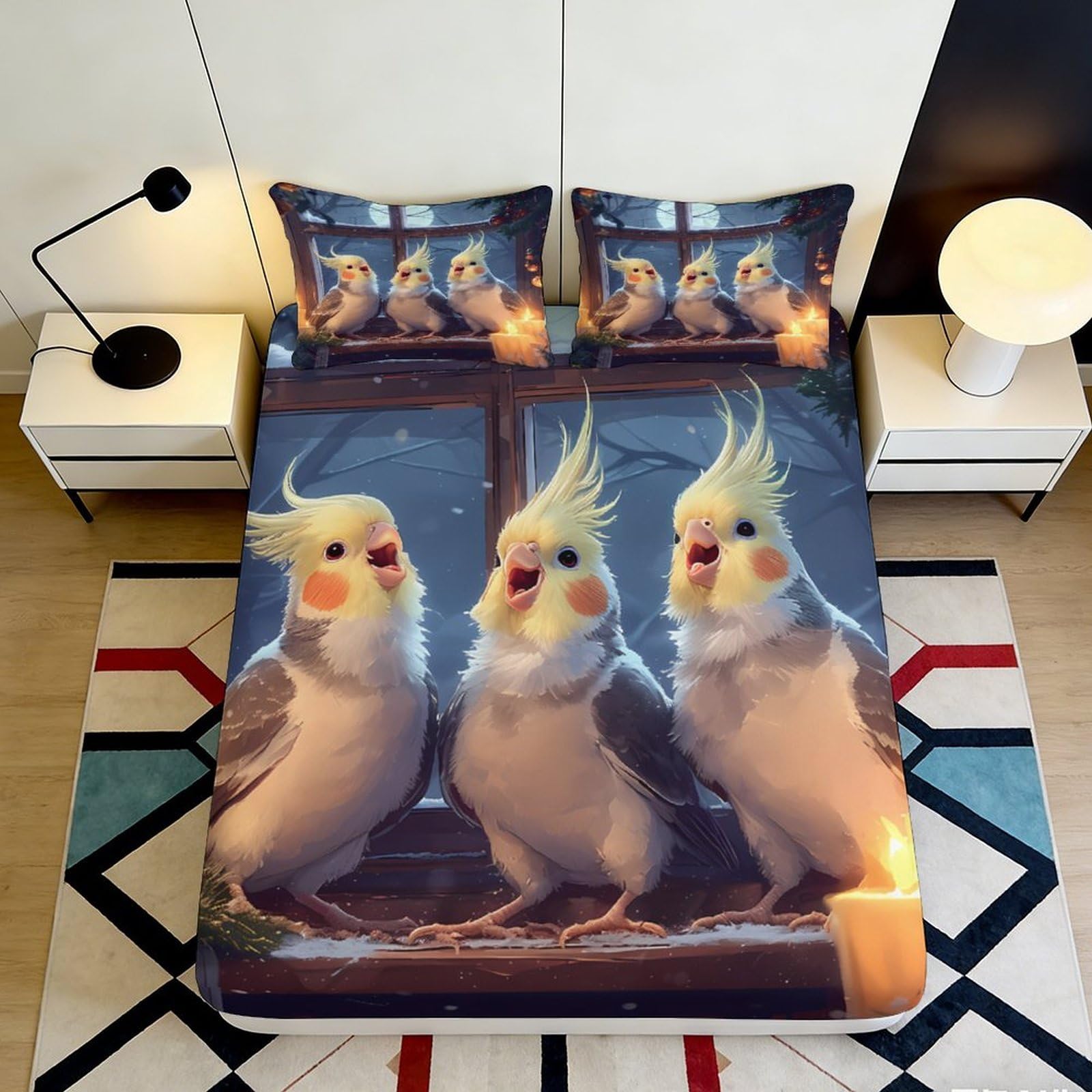 3D Printed Cockatiel Parrot Fitted Sheet Microfiber Soft Anti-Slip Bird Bedroom Bed Cover for Home Guest Room Decor 90x200x25cm