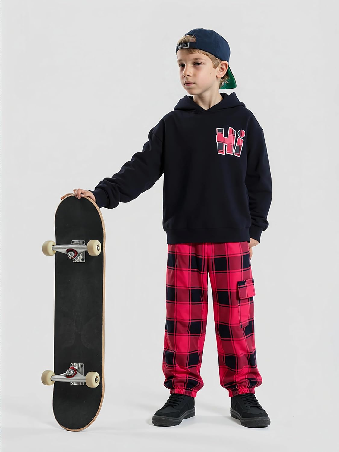 Boys Clothes Long Sleeve Hooded Sweatshirt Top Red Plaid Sweatpants Fall Winter Kid Outfits Set 11-12 Y(Black Red) - Image 2