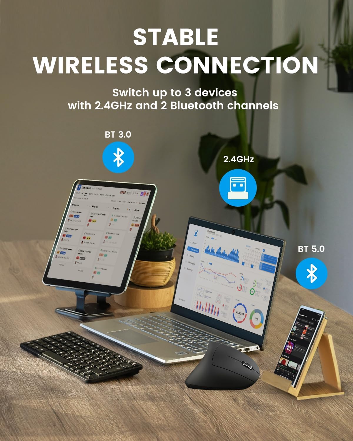 Perixx PERIMICE-813RX Wireless Rechargeable Vertical Mouse - Multi-Device spec - Duo Wired and Wireless Charging Feature -The Included Charger Compatible with iPhone, AirPods, and AirPods Pro