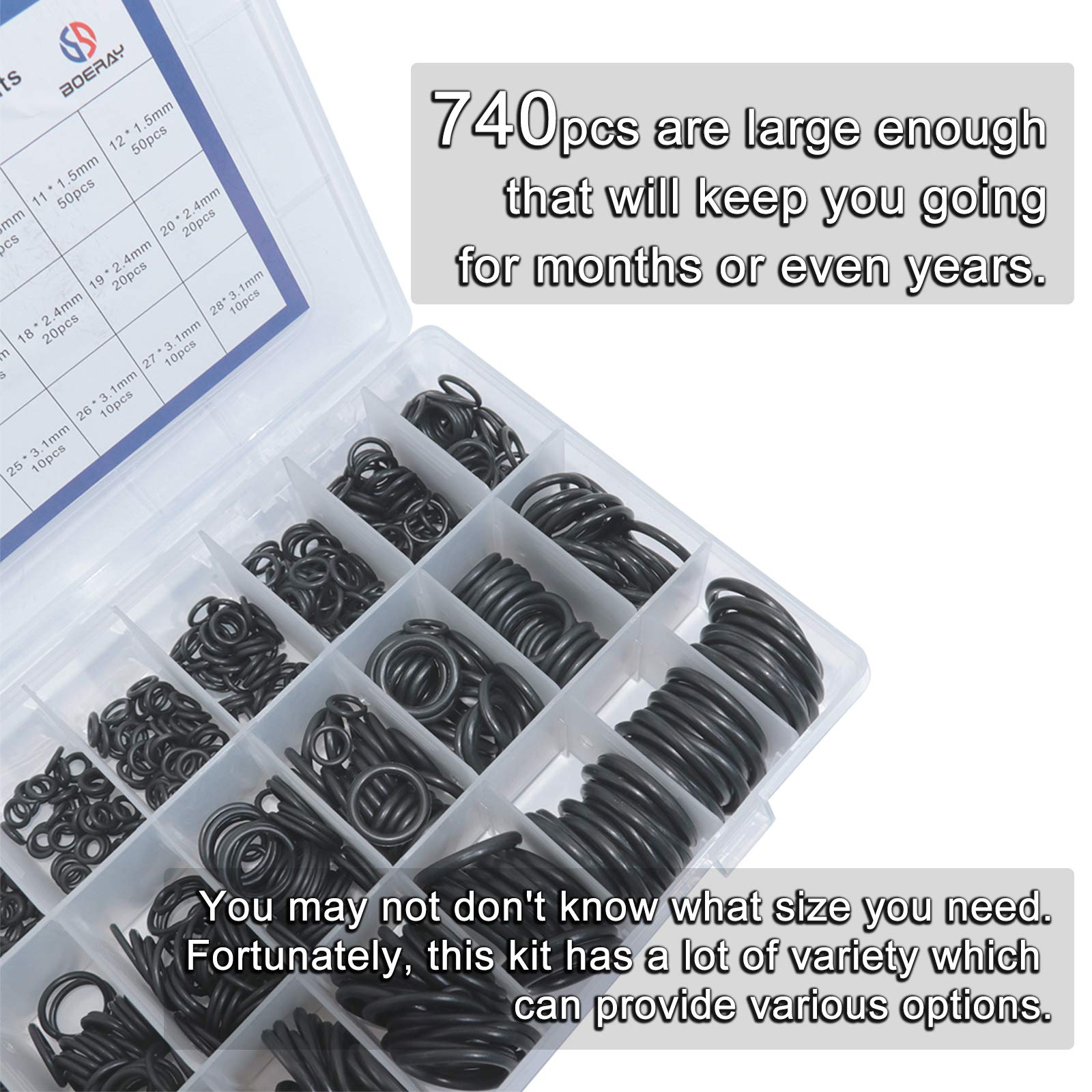 Boeray 740pc Universal O Rings Assortment in 24 Sizes with 4pc Tools
