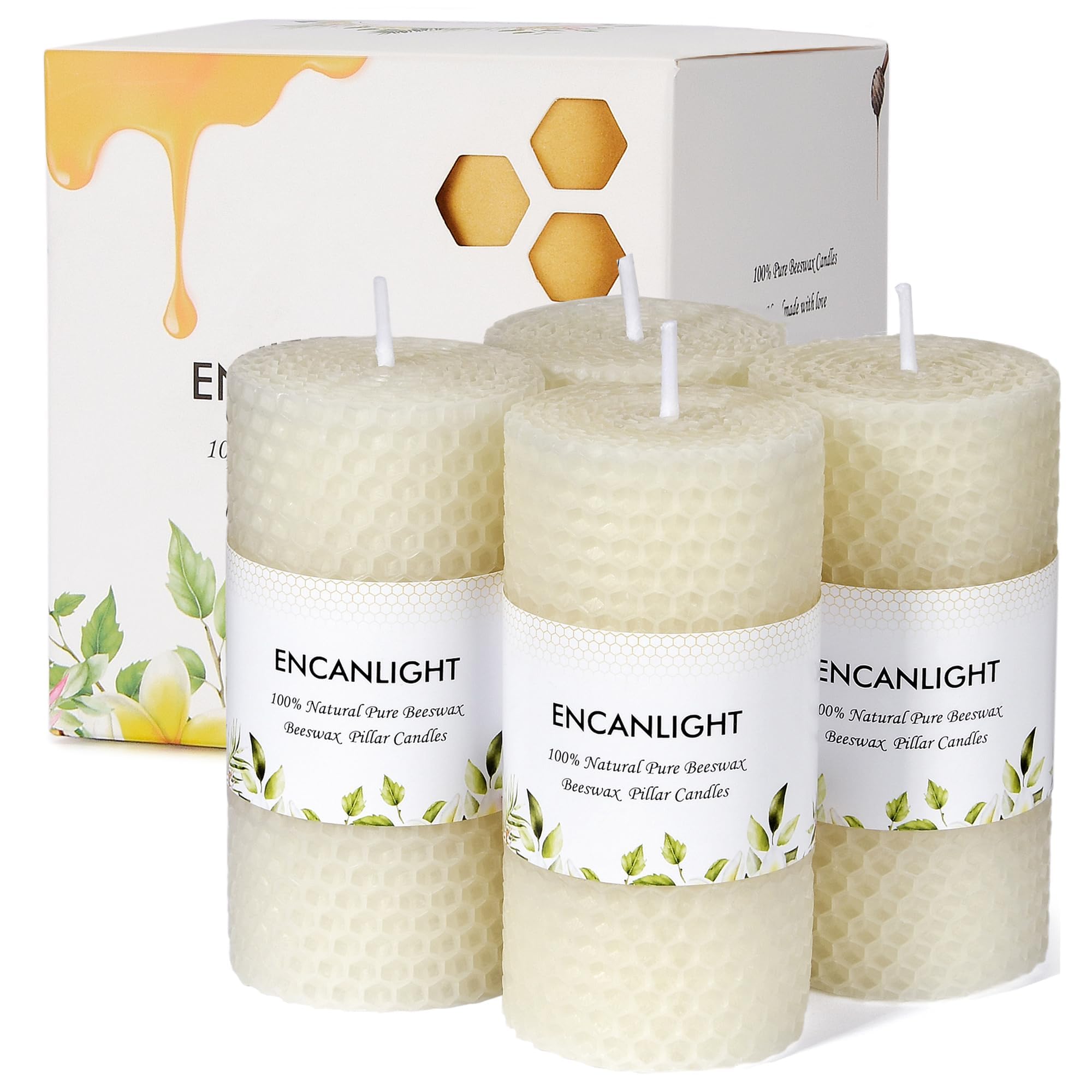 Velas de cera de abeja, 2 x 4 pulgadas, juego de 4 velas de cera de abeja blanca, sin perfume, sin humo y sin goteo, aproximadamente 9 horas de combustión para decoración del hogar, fiesta, Navidad,