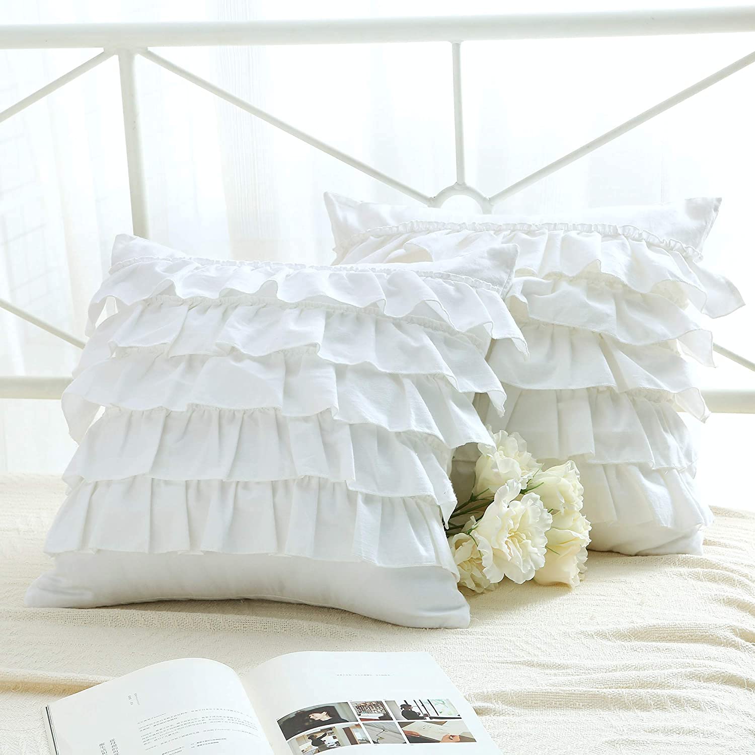 2-Pack White Throw Pillow Covers with Waterfall Ruffles 7 Lays Square Cushion Cases Egypt Cotton 26X26Soft Boudoir