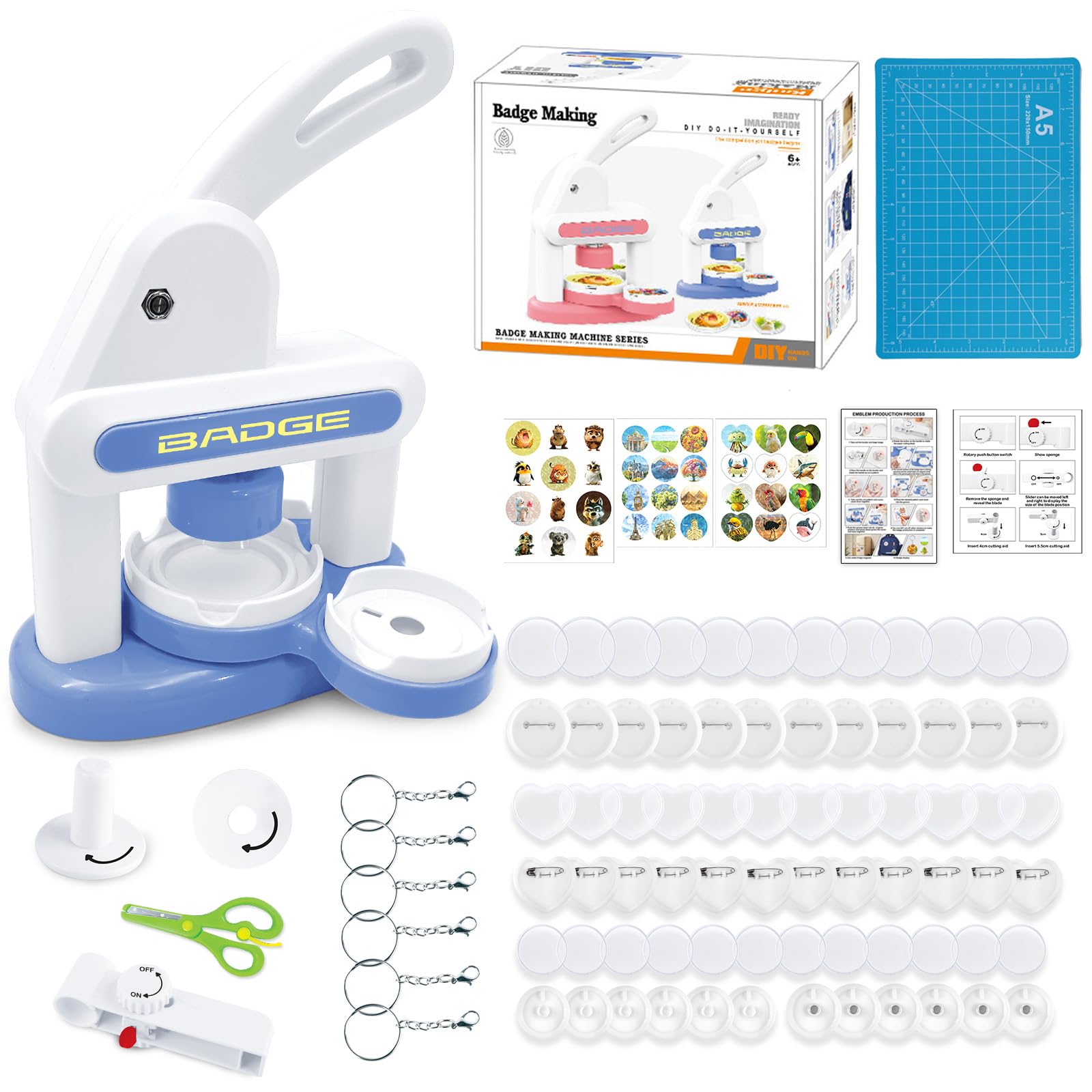 Maquina Chapas,Maquina Hacer Chapas Viene con 85 Accesorios y Cortador Circular,Piezas Chapas 55 mm Maquina,para Hacer Botones DIY para Regalos de Fiesta Creación de Bricolaje,Azul