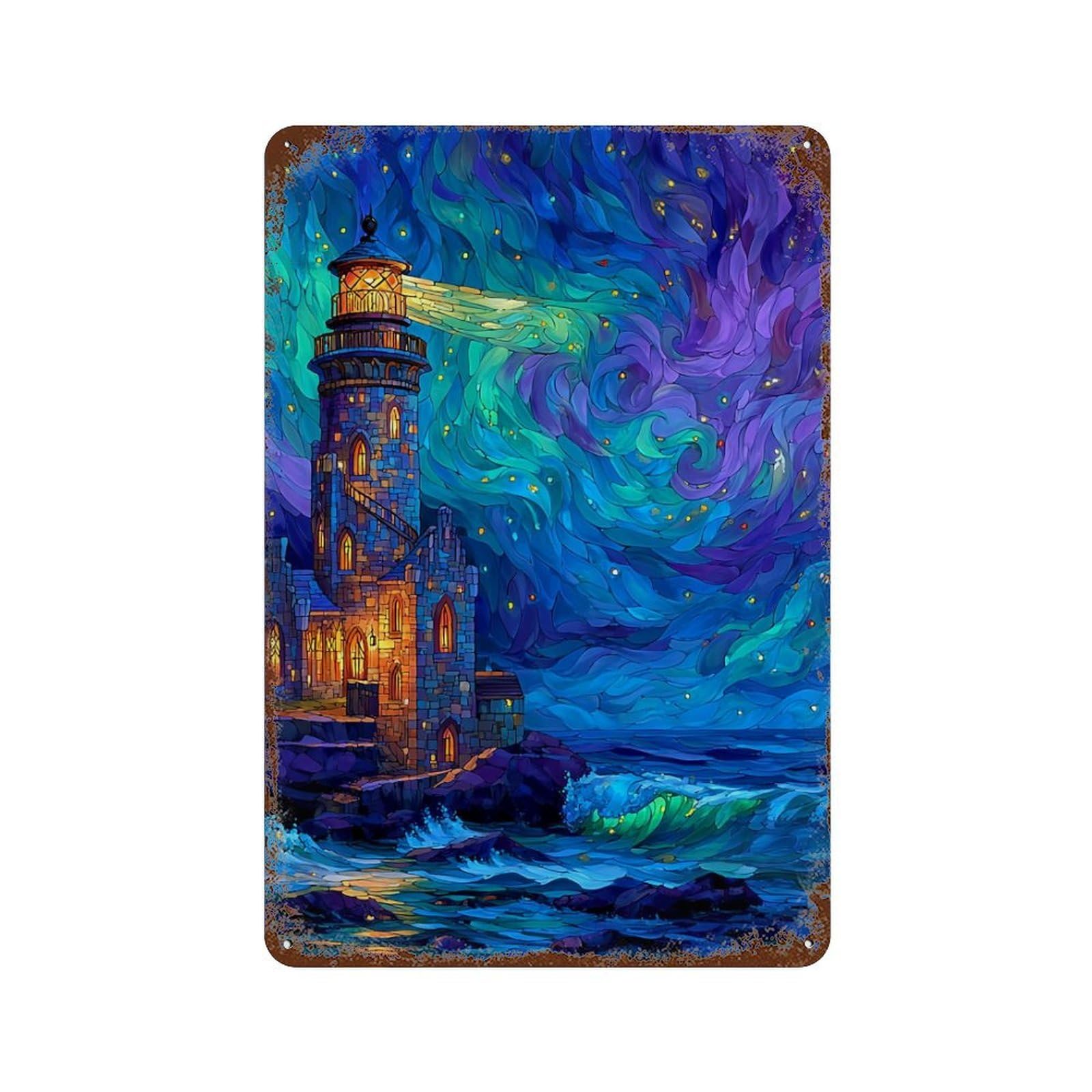 Decorative Tin Sign with Starry Night Lighthouse Design 11.8"x7.9", for Farmhouse, Kitchen And Entryway Decor, Decorative Metal Wall Art