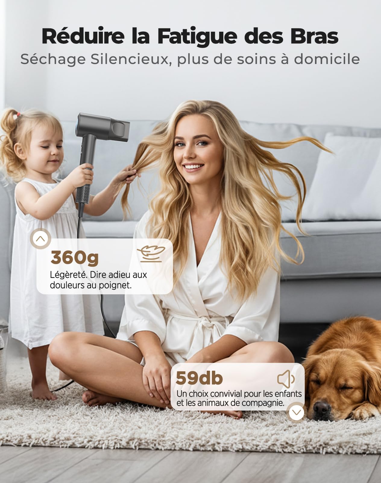 Haokoo Seche cheveux Professionnel Ionique 150000TR/Min | Séchage Rapide 5X, 500M Ions Anti-Frisottis, 8 Températures LED, Contrôle Intelligent Anti-Surchauffe, Léger & Silencieux