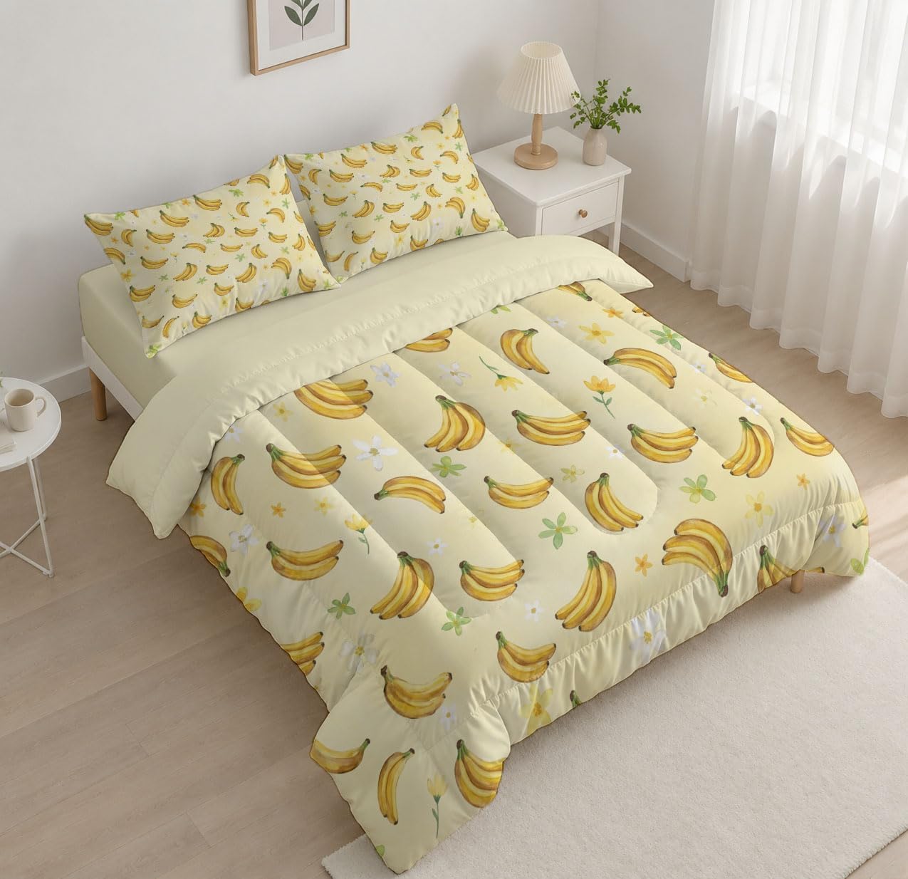 Cute Fruits Comforter Set Full Size, Cartoon Banana Print Breathable Bedding Set for Girls Boys Teens, Lemon Yellow Quilt Duvet with 2 Pillow Cases