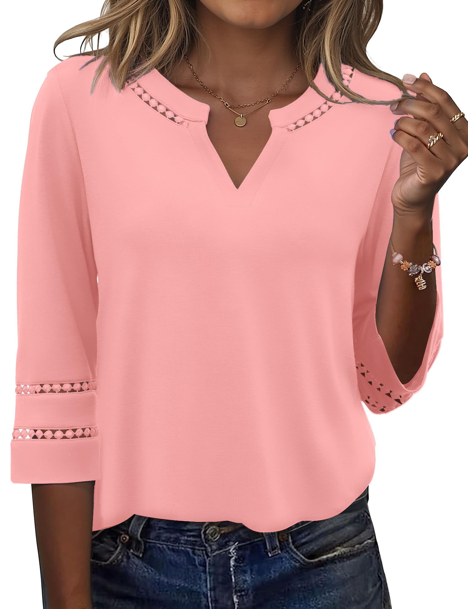 Rapbin Bluse Damen Elegant 3/4 Arm Shirt V-Ausschnitt Sommer Tunika Spitze Bestickt Vintage Oberteil 2026 Mode Tops