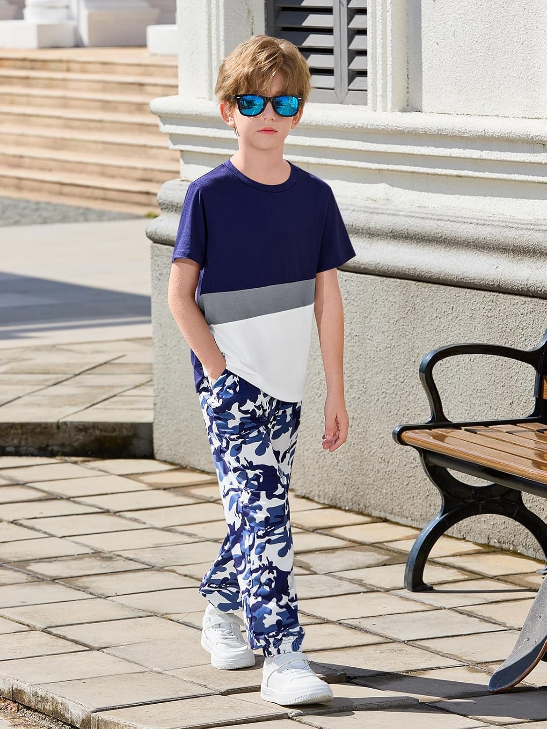 Haloumoning Boys 2 Piece Outfits Kids Colorblock Short Sleeve T-Shirts and Camouflage Pants Clothes Set 5-14 Years - Image 4