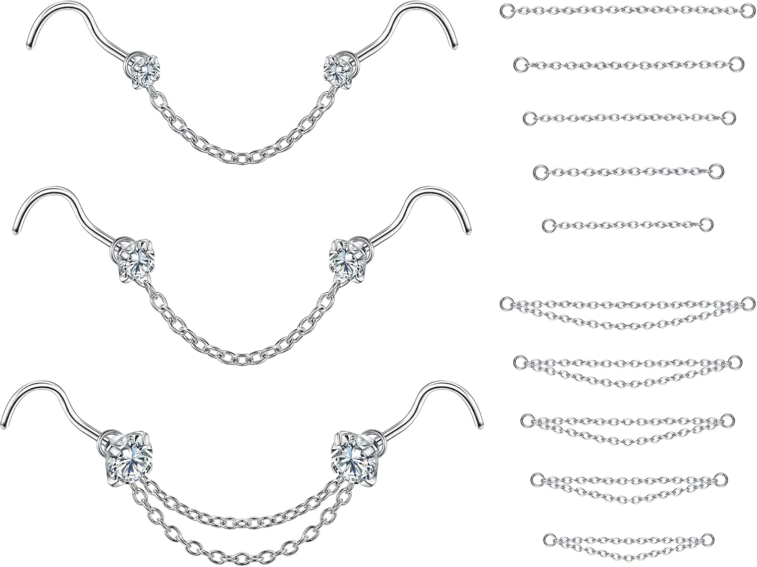 PunkTracker Nose Rings 20G - 2mm, 2.5mm, 3mm CZ Studs with Chain - Surgical Steel Nose Piercing Jewelry
