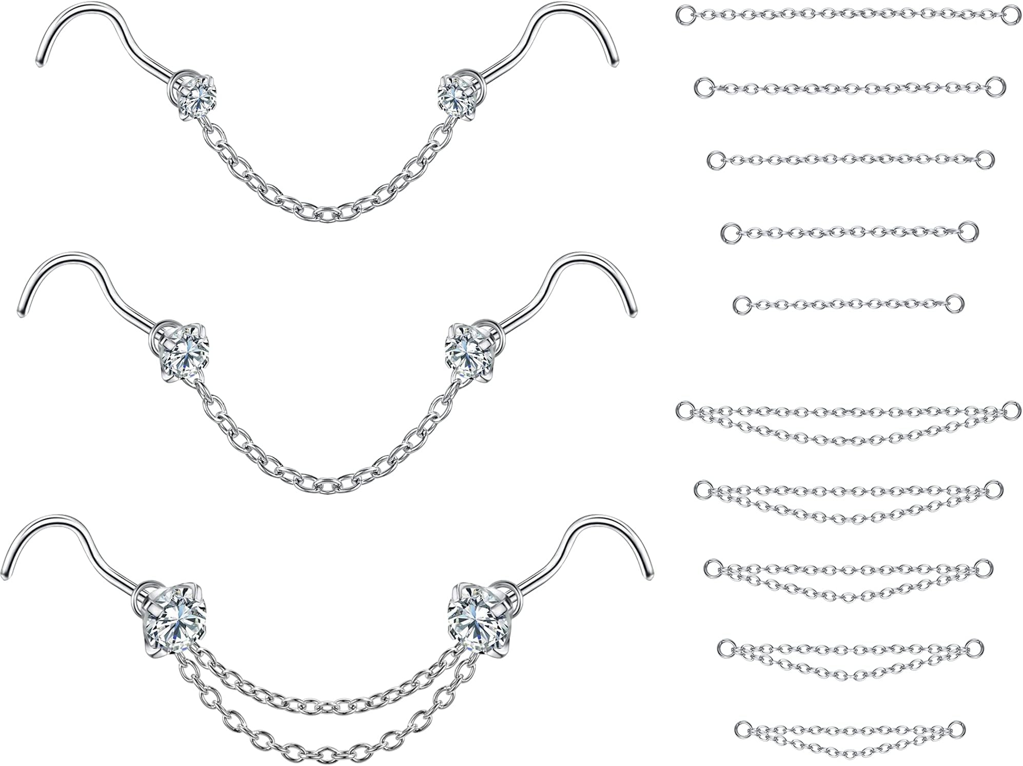 20G Nose Ring 2mm 2.5mm 3mm CZ Nose Stud with Chain Surgical Steel Nose Piercings Nose Piercing Jewellery Nose Rings for Women Men