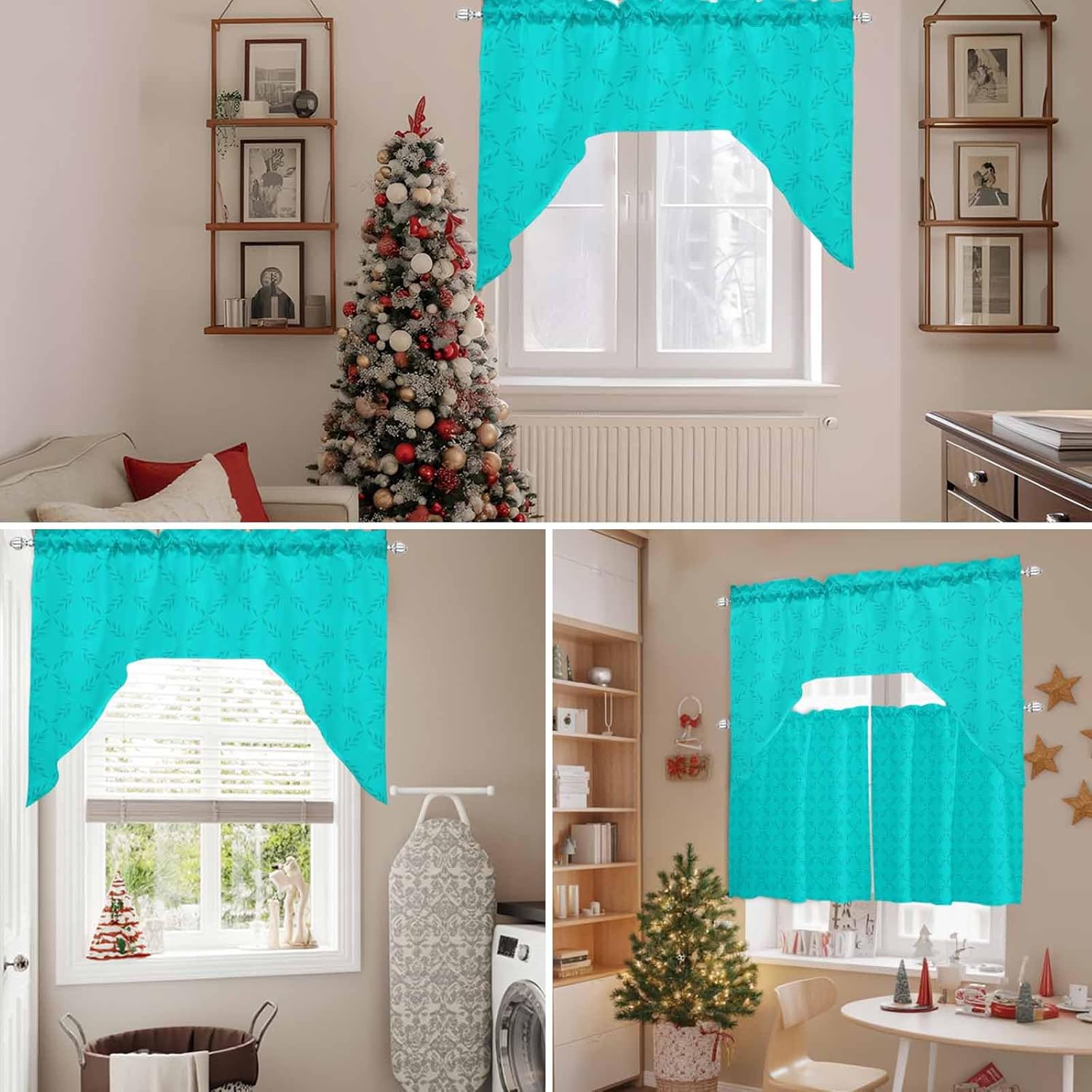 Aqua Diamond Checkered Swag Kitchen Curtains Valance and Tier Set 24 Inch Length, Geometric Gingham Boho Trellis Lattice Rod Pocket Swag Curtains for Living Room Bedroom Bathroom Window Drapes 3 Piece