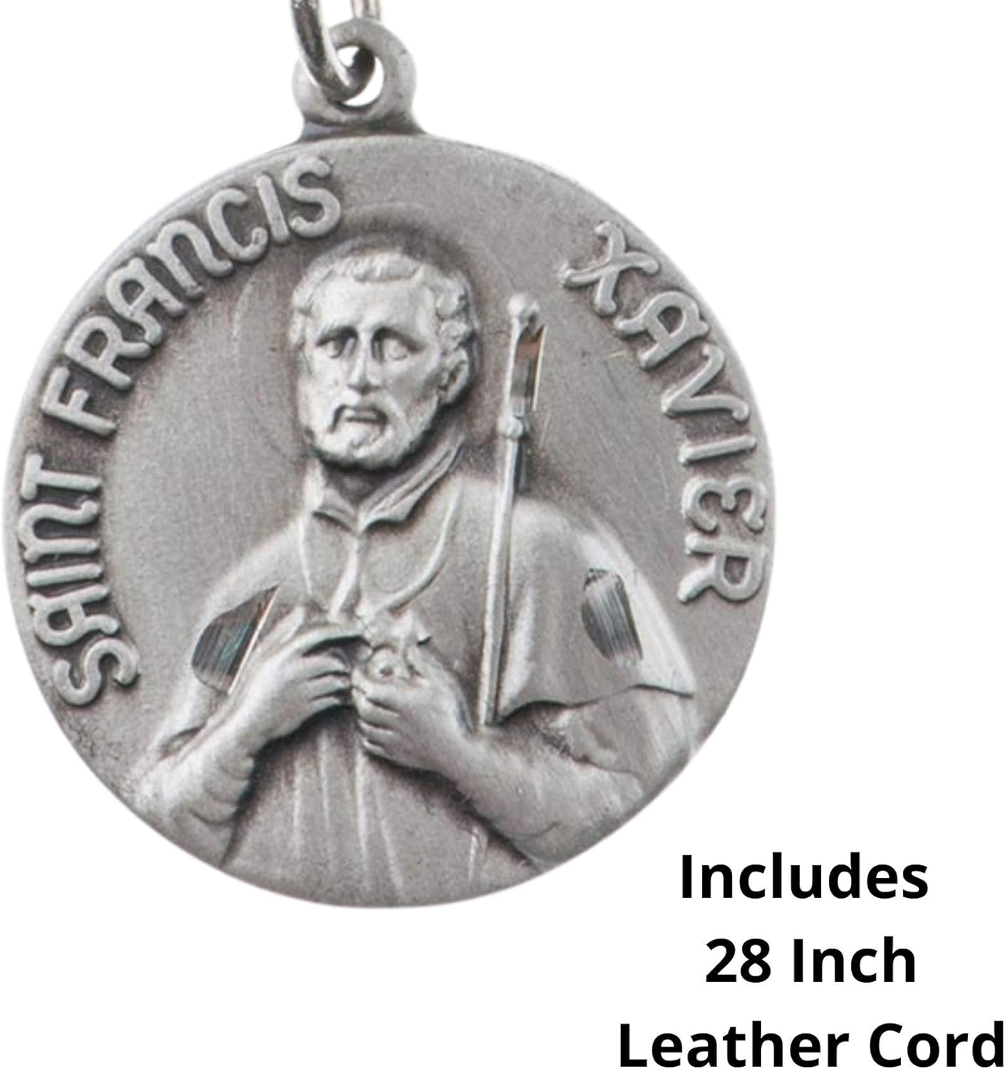 Catholic Saint Francis Xavier Pewter Medal Pendant on 28 Inch Leather Cord Necklace
