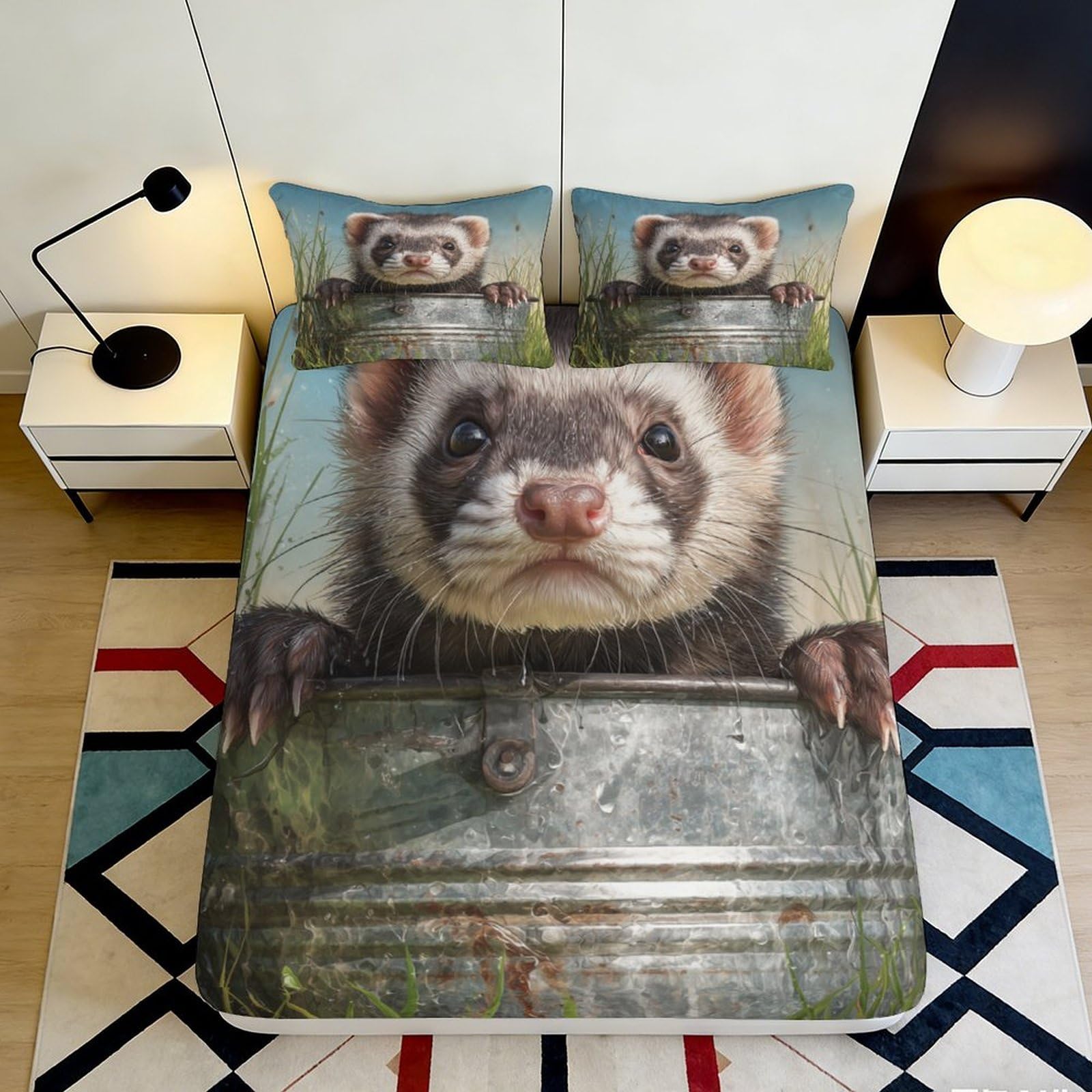 3D Printed Ferret Animal Fitted Sheet Microfiber Soft Anti-Slip Forest Bed Sheet for Bedroom Guest Room Decor 90x200x25cm