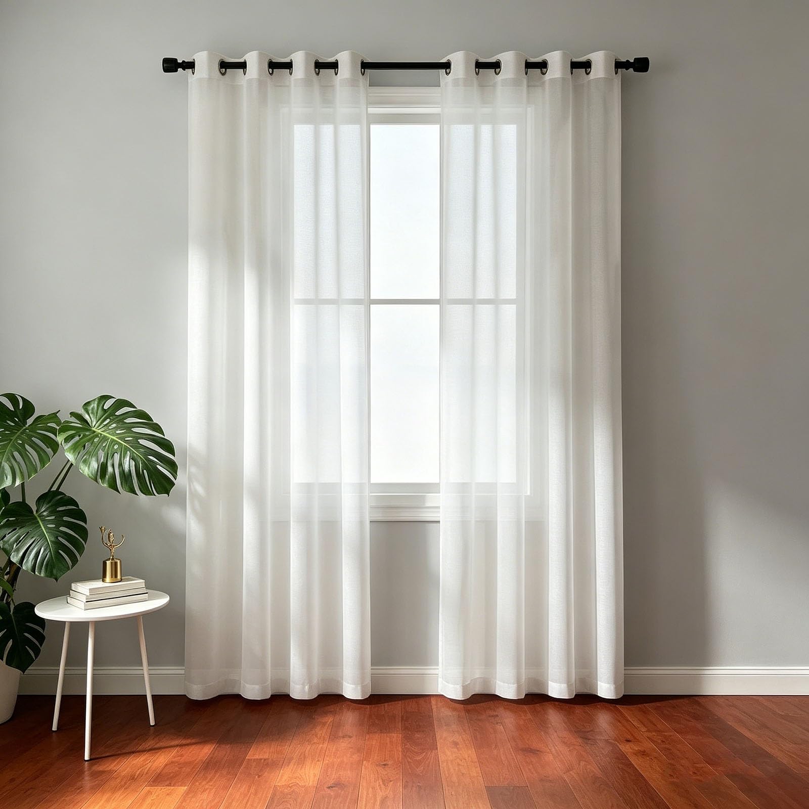 HOKXUAN Semi Transparent Eyelet Sheer Curtain 155 x 130 cm Soft Texture Linen Look Curtain with Pencil Pleat Drapes for Living Room for Living Room, White