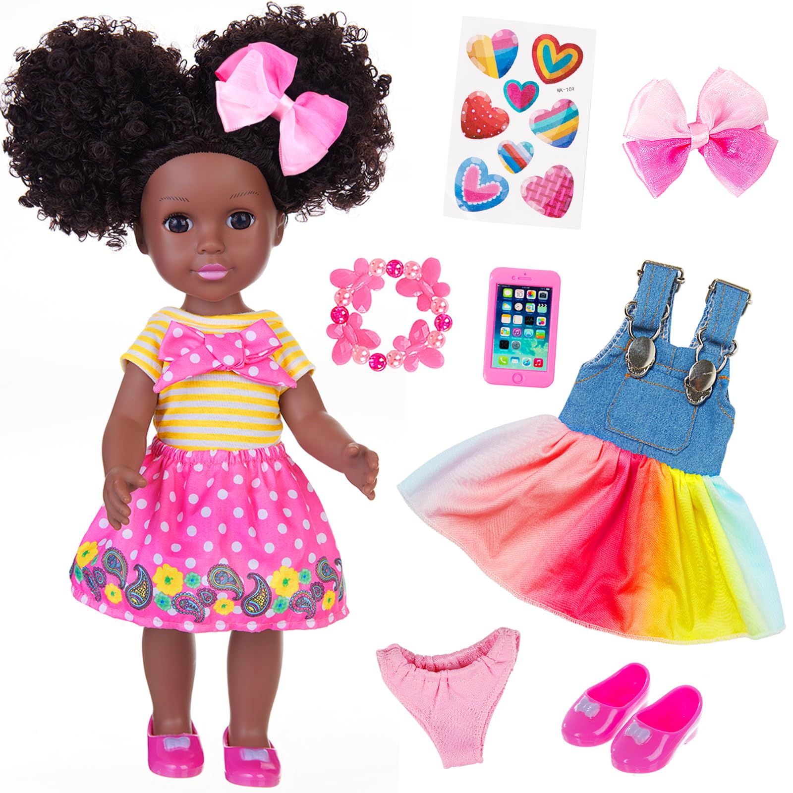 ZITA ELEMENT 14.5 Inch Silicone Black Doll Set Black African Baby Doll with Yellow Striped T-Shirt, Colorful Dress and Other Accessories as A Delightful Gift for Girls