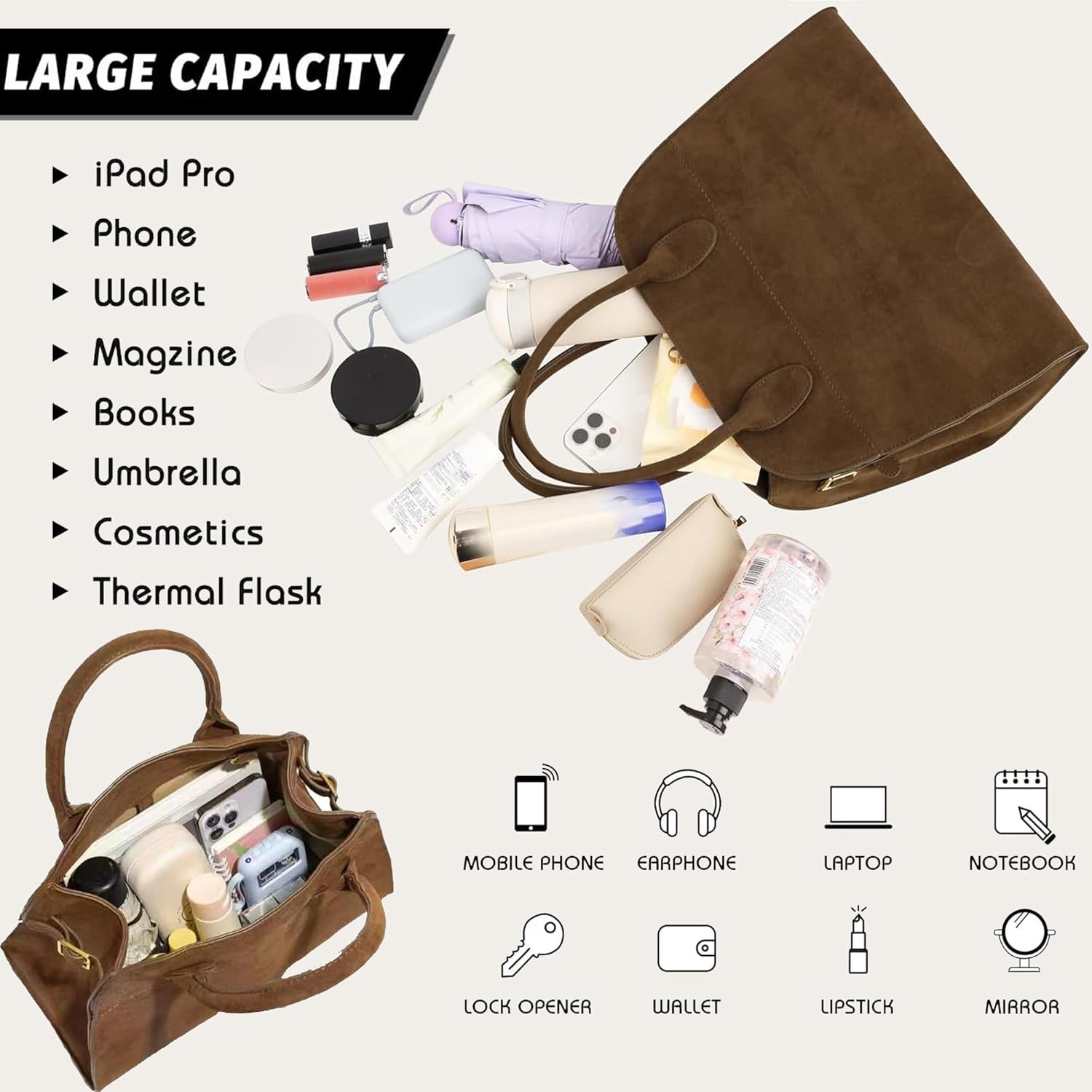 Large Suede Tote Bag For Women,Suede Retro Shoulder Bag,Crossbody Bag Faux Leather Handbag Trendy Work With shoulder strap