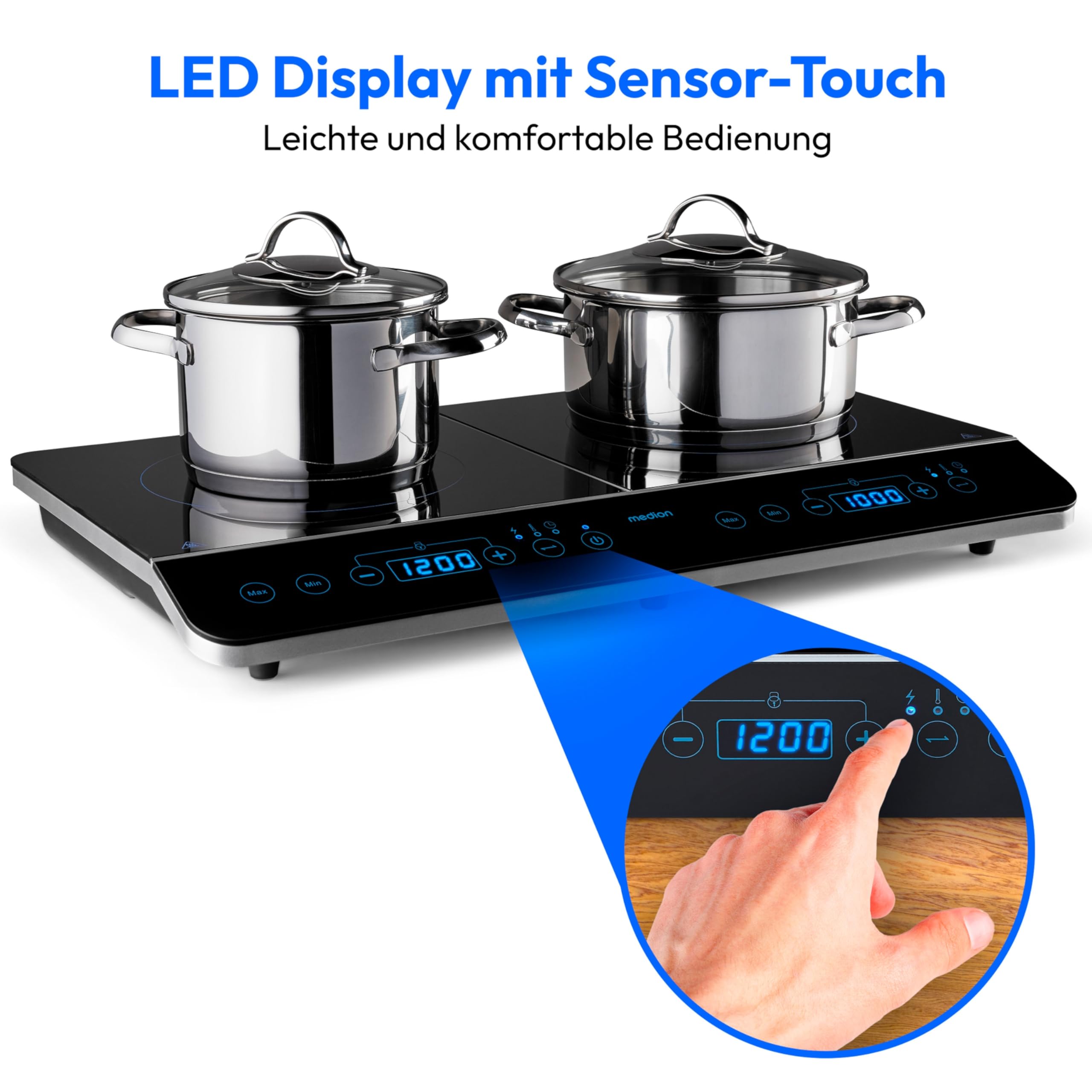MEDION MD 15324 Doppel-Induktionskochplatte, 3500 Watt, Zwei Kochplatten, 10 Temperaturstufen, LED Display, schwarz