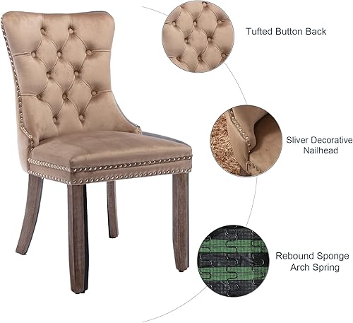 Miniatura 5 de Juego de 6 sillas de comedor de terciopelo, sillas de comedor tapizadas acolchadas con tirador de anillo trasero, ribete de tachuelas y patas de