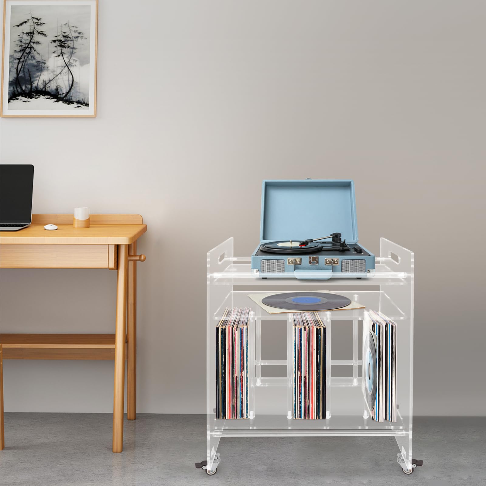 Mesa auxiliar de acrílico con ruedas, soporte para discos de vinilo y tocadiscos, soporte moderno para salón, 3 niveles, mesa de almacenamiento para CD, libros, transparente, 48 x 35 x 63 cm, 20 kg