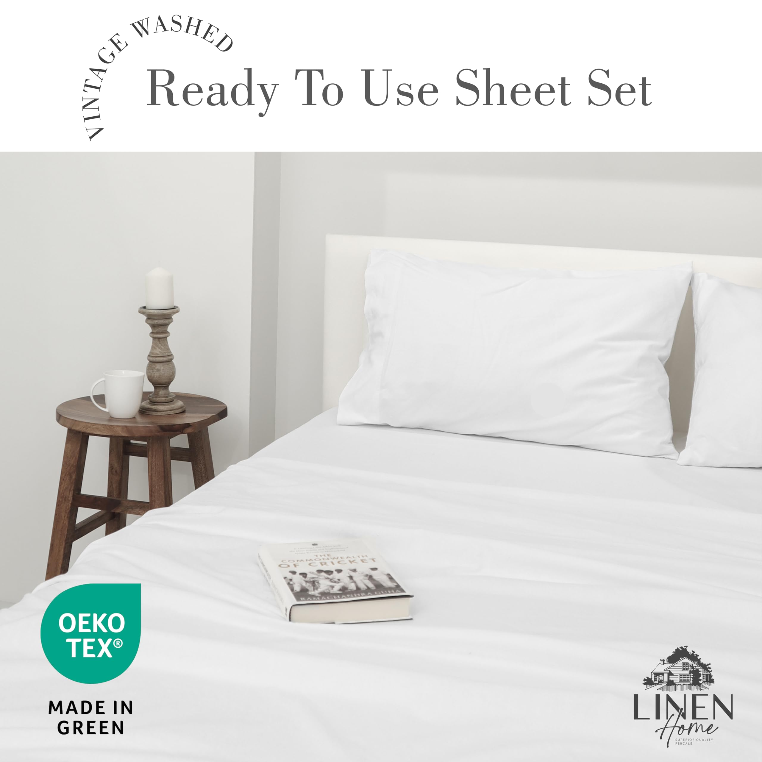 Linen Home Washed Cotton Percale Queen Sheet Set, White, Preshrunk, 4 Pieces Sets - 1 Flat, 1 Deep Pocket Fitted Sheet & 2 Envelope Closure Pillowcases, Soft, Cool and Comfortable Bed Linen