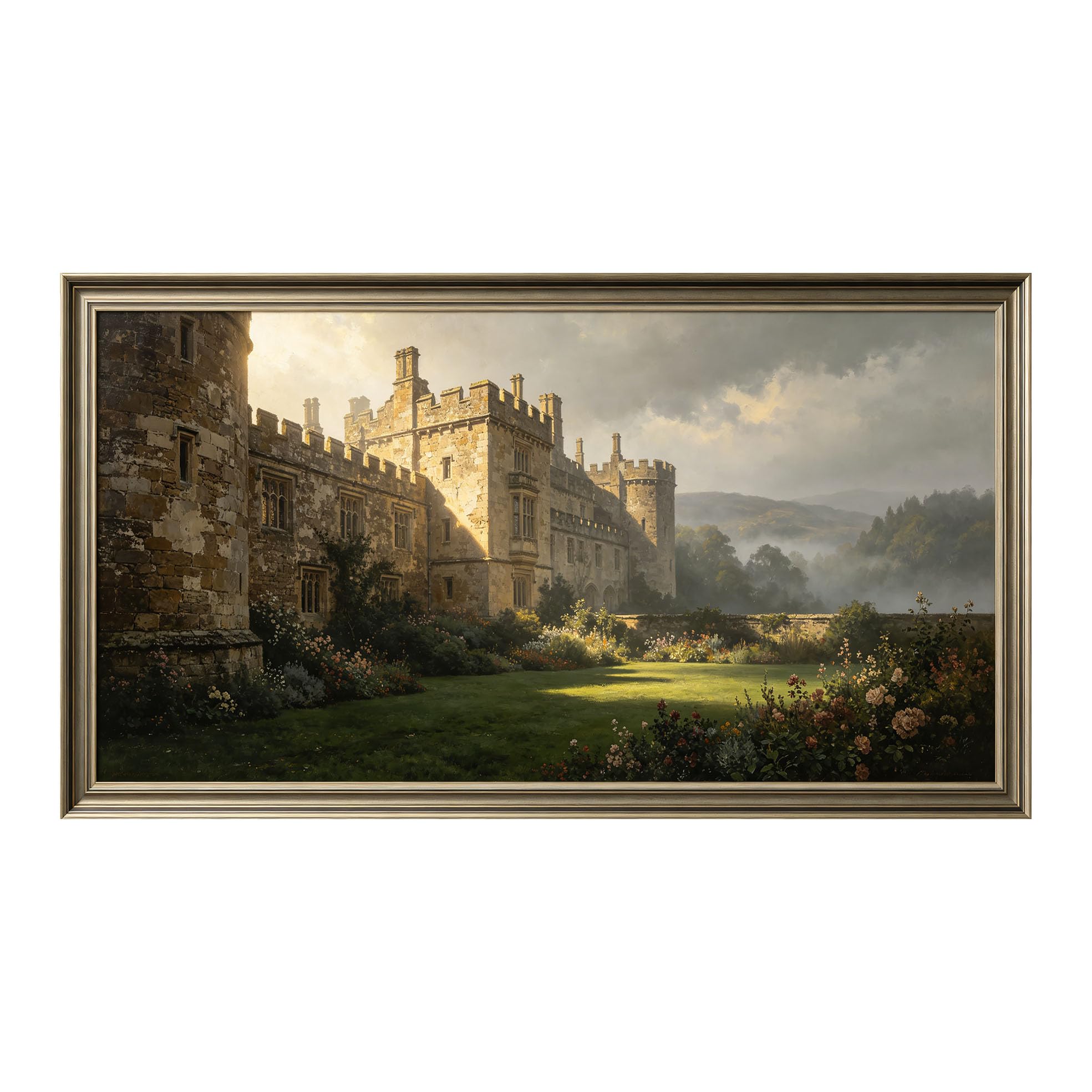 Yzpallescene 3D Framed Wall Art 50cm×100cm European Classic Medieval Castle Garden Oil Painting Large Size SelfAdhesive Removable Wall Decor Prints Artwork for Living Room Bedroom Office