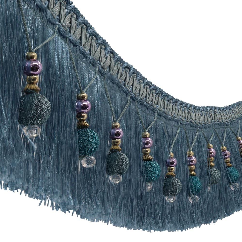 2yards Braided Beads Hanging Ball Tassel Fringe Trimming Applique Fabric Trimming Ribbon Band Curtain Table Wedding Decorated (Blue)