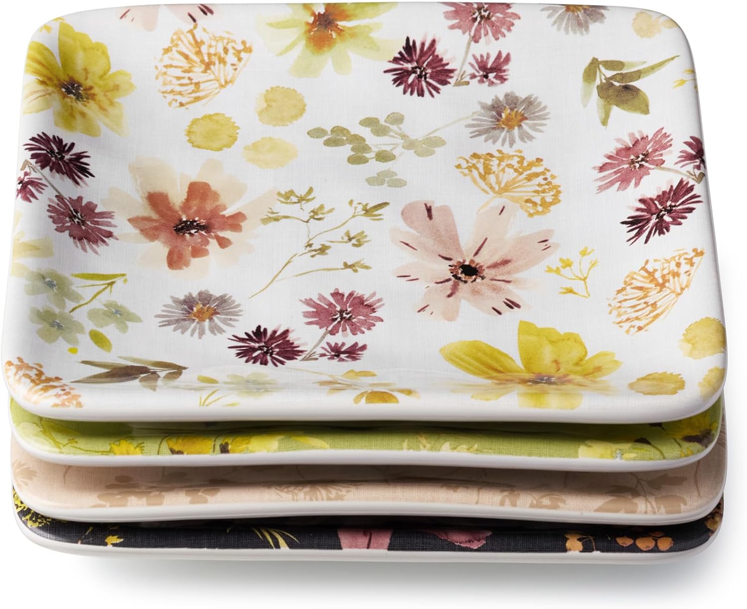 Wildflowers Ceramic CANAPE/LUNCHEON PLATES, SET OF 4, 6‑inch assorted floral watercolor appetizer plates, perfect for snacks, desserts, small bites, brunch spreads