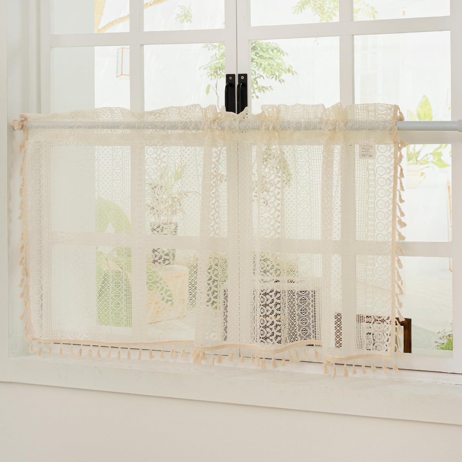 Rideau court beige boho H60xL90cm rideau bistrot style fermier en dentelle