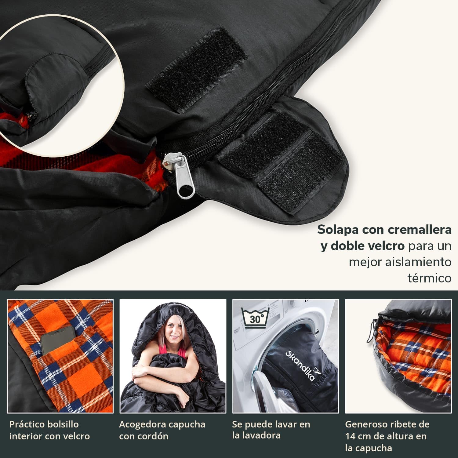 Skandika Saco de dormir Vegas franela | XXL de saco de dormir momia | Sleeping Pod | 220 x 110 cm, ranura para de cremallera, franela de lujo Forro | acoplable (Negro)