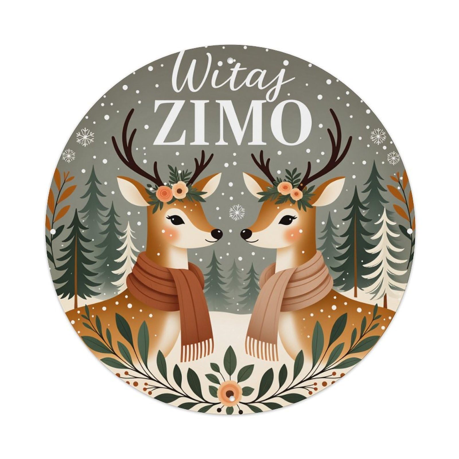 Deer Winter Forest Scarf Flowers Round Tin Sign Vintage Style Metal Sign Home Bar Garden Wall Plaque Decor Metal Poster 8x8 Inch