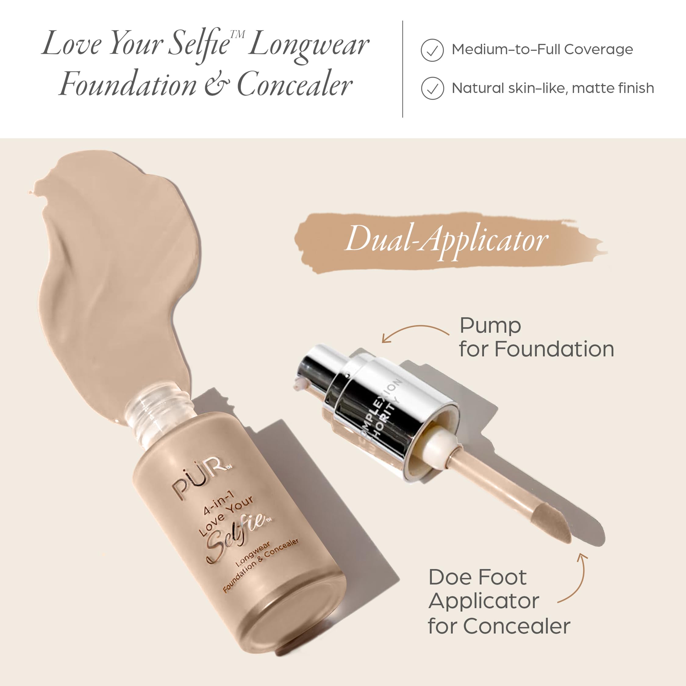 PUR Cosmetics 4-in-1 Love Your Selfie Longwear Foundation and Concealer - Unique, Dual-Applicator Component - Covers Blemishes and Imperfection - Reduce Fine Lines and Wrinkles - MN3-1 oz Makeup