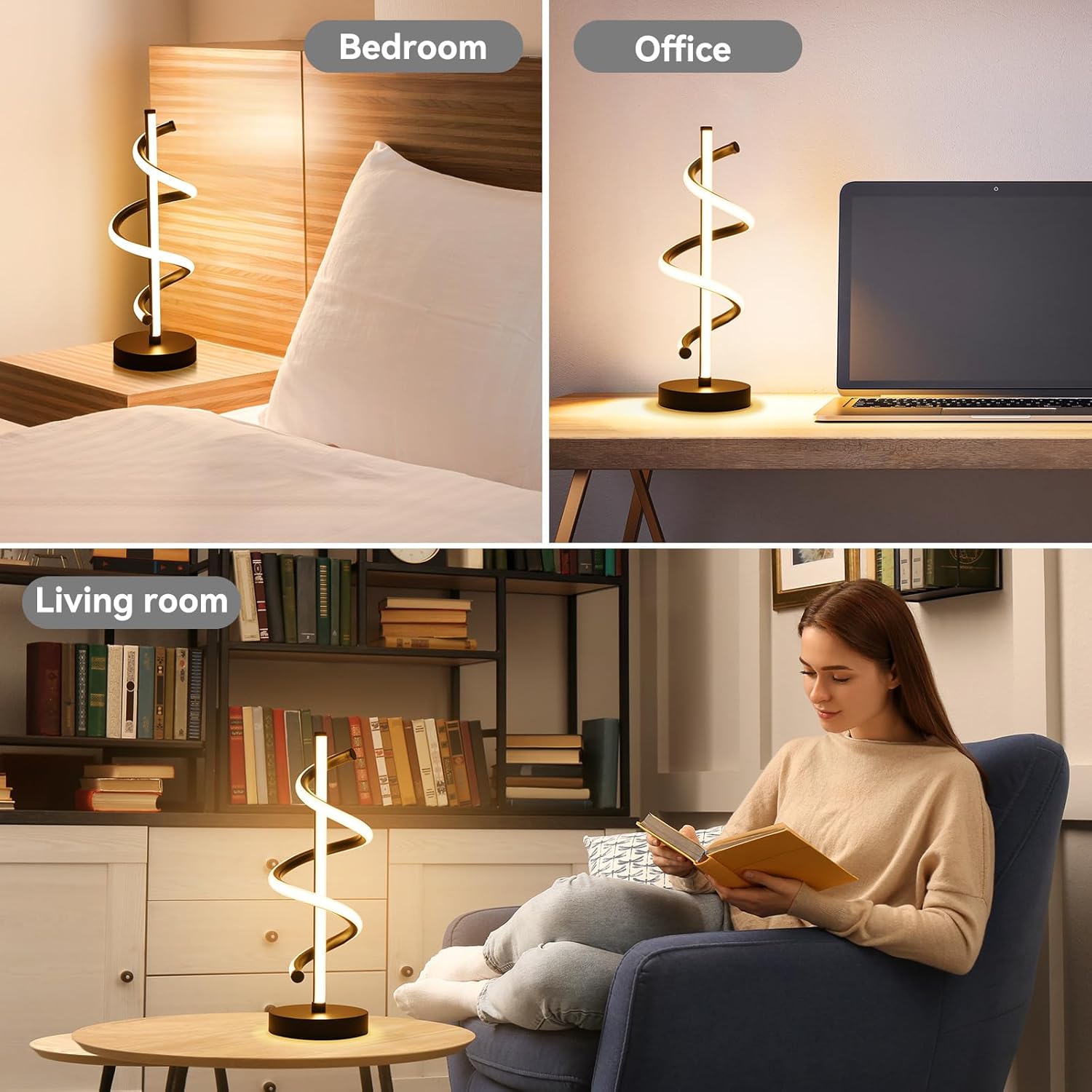 NUÜR LED Table Lamp Black, Diamond Bright Effect, Dimmable, Metallic Bedside Lamp with 3 Colour Temperature, Décor Lamp for Living Room, Bedroom, Office (Black Spiral Table Lamp)