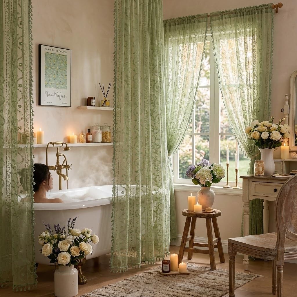 WAZZIO Sage Green Lace Shower Curtain - Vintage Pretty Floral Sheer Shower Curtains, Elegant Decorative Tassel Bath Curtains for Bathroom, 72 x 72 Inch, 1 Piece