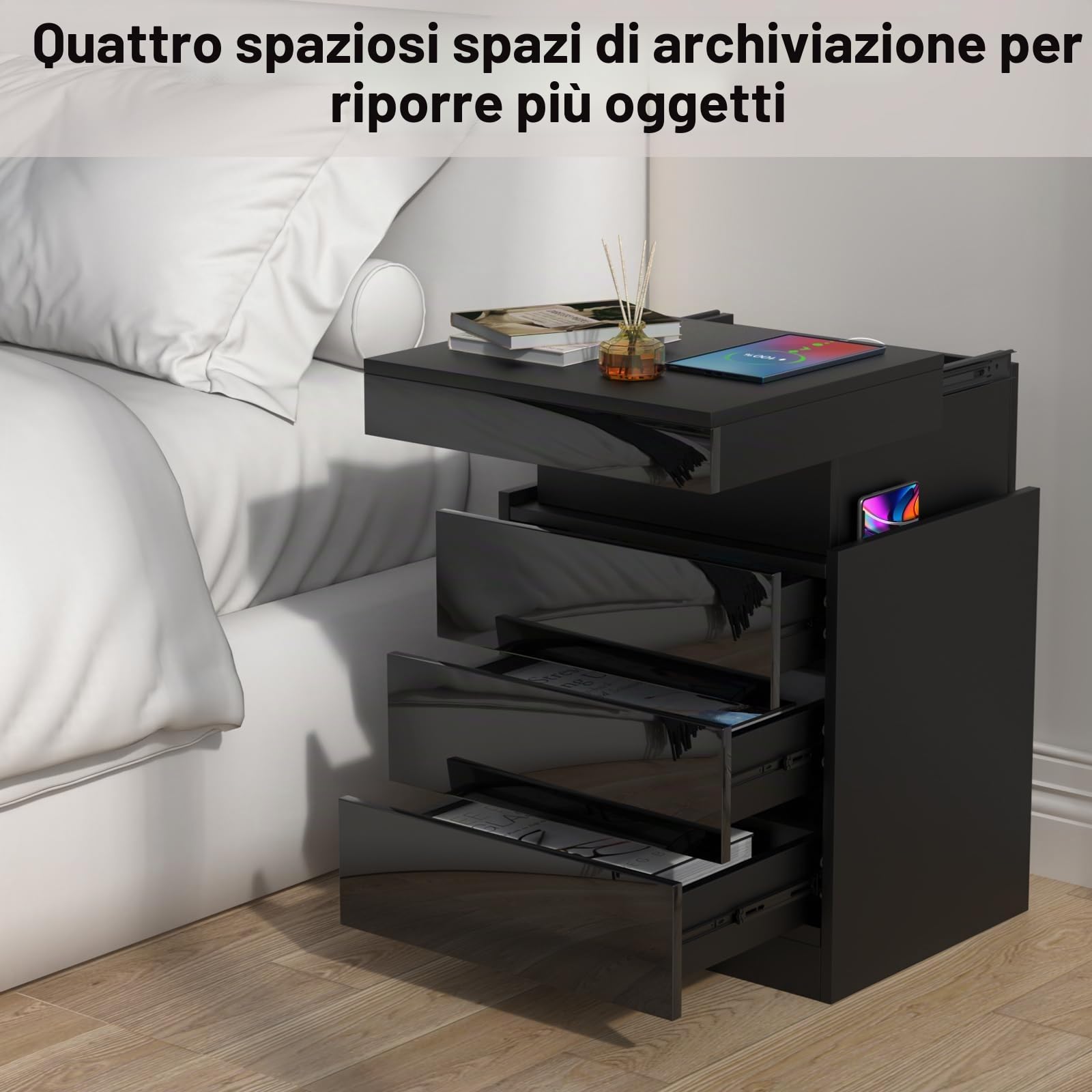 Comodino con Presa e porta USB, Comodino con illuminazione LED Regolabile, Comodini Camera da Letto Moderni Nero Pannello Scorrevole, Intelligente Comodini Camera da Letto con 3 Cassetti