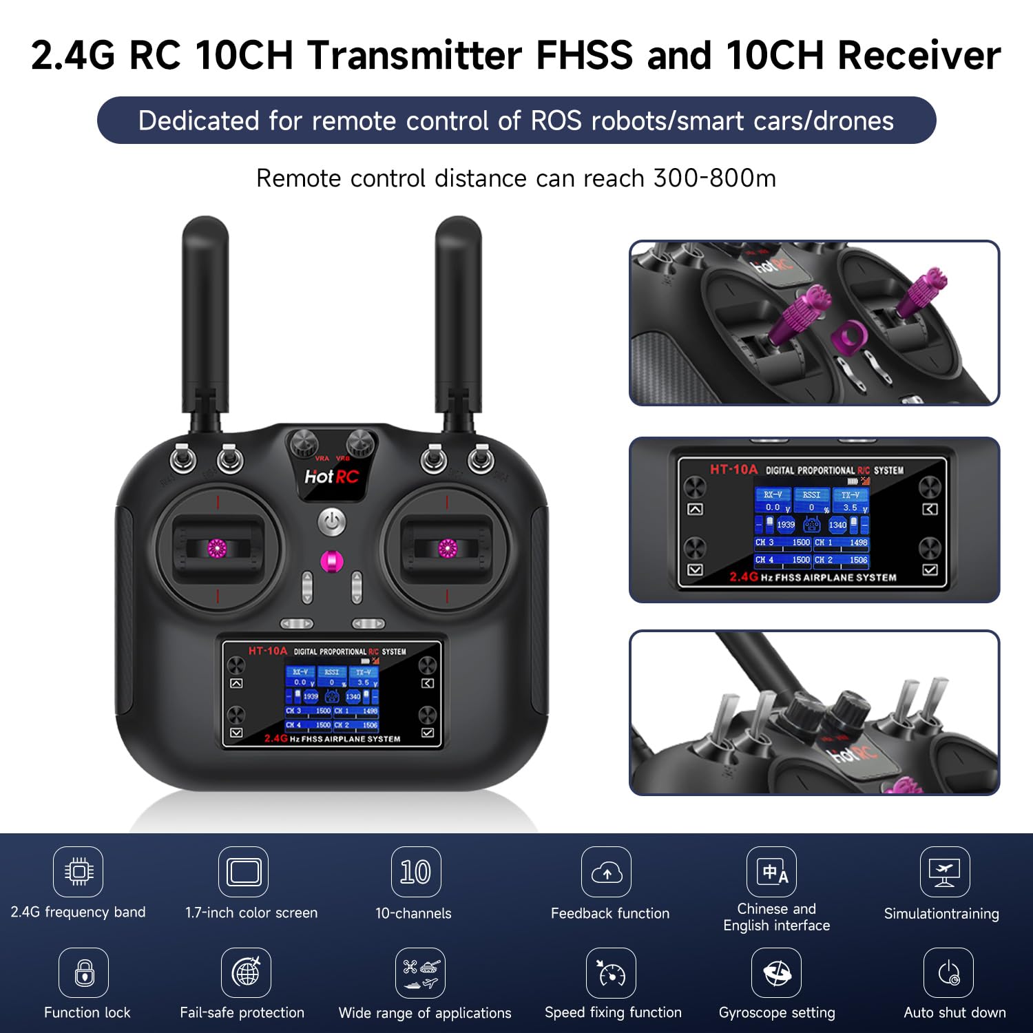 Yahboom 2.4GHz 10CH RC Émetteur et Récepteur FHSS pour FPV Drone, Bateau, Voiture, Hélicoptère, 300-800m