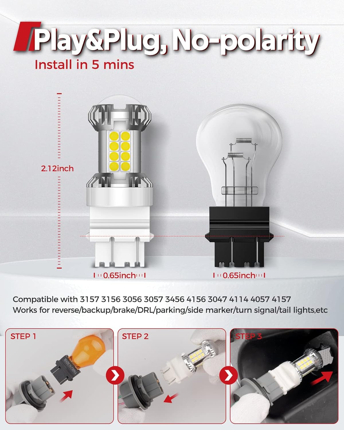 Torchbeam 3157 LED Bulb Reverse Lights 6000K White, 600% Brighter 3156 3056 3057 4157 3457 4057 Automotive Backup Light, DRL, Tail Brake Parking Signal Lights Replacement for Cars, Non-polarity, 2pcs