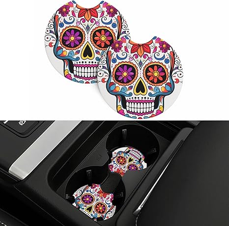 Car Coaster 2 Pcs Universal Car Cup Coaster Sugar Skull Car Cup Mat Auto Non-Slip Cup Holder with A Finger Notch Drink Coaster for Car Car Interior Accessories Coasters for Most Vehicle