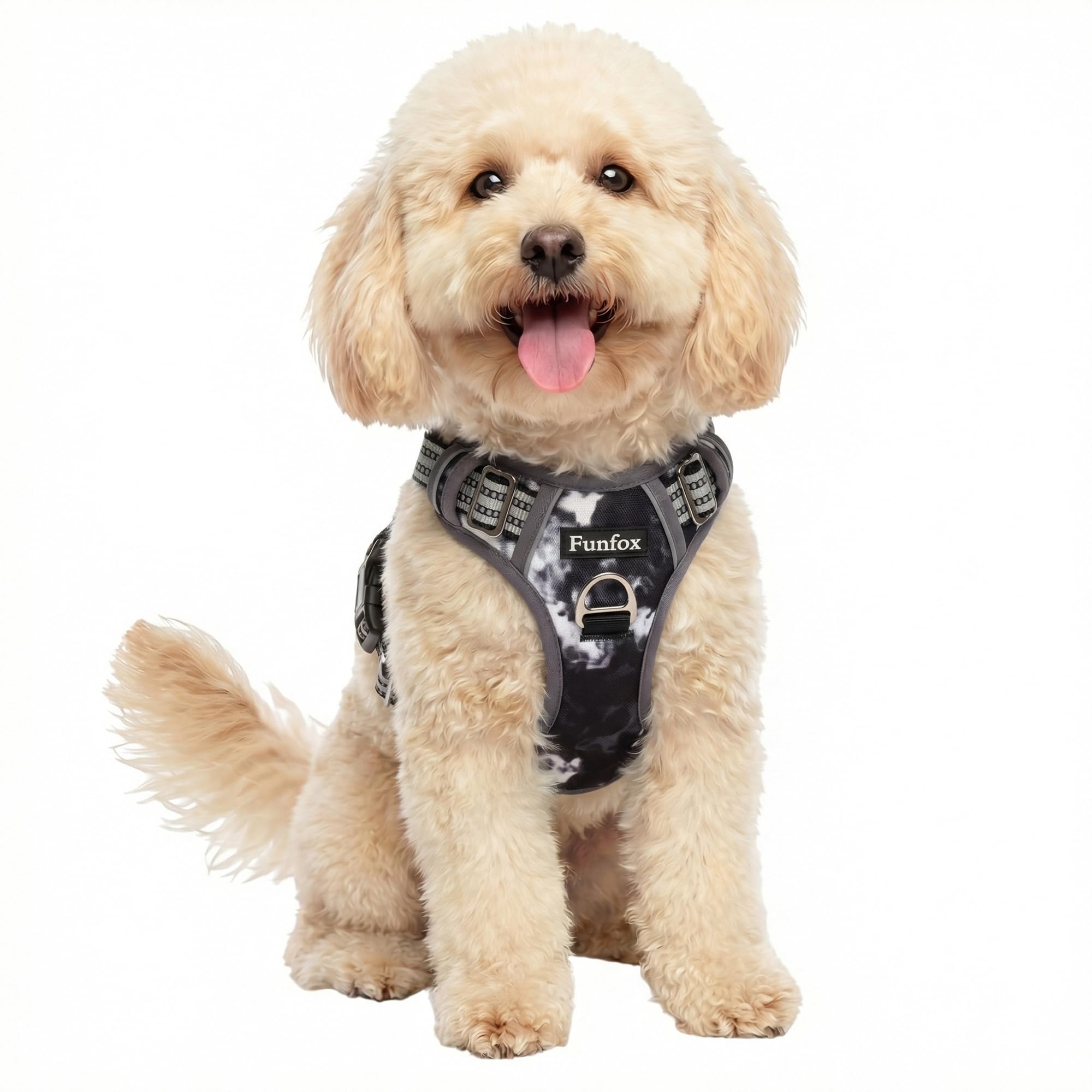 Funfox Hundegeschirr Kleine Hunde [S] - Anti Zug Welpengeschirr mit Griff & Ringreflektoren, Atmungsaktives Verstellbares No Pull Brustgeschirr für Kleine/Mittelgroße Hunde Outdoor Mistig Grau S