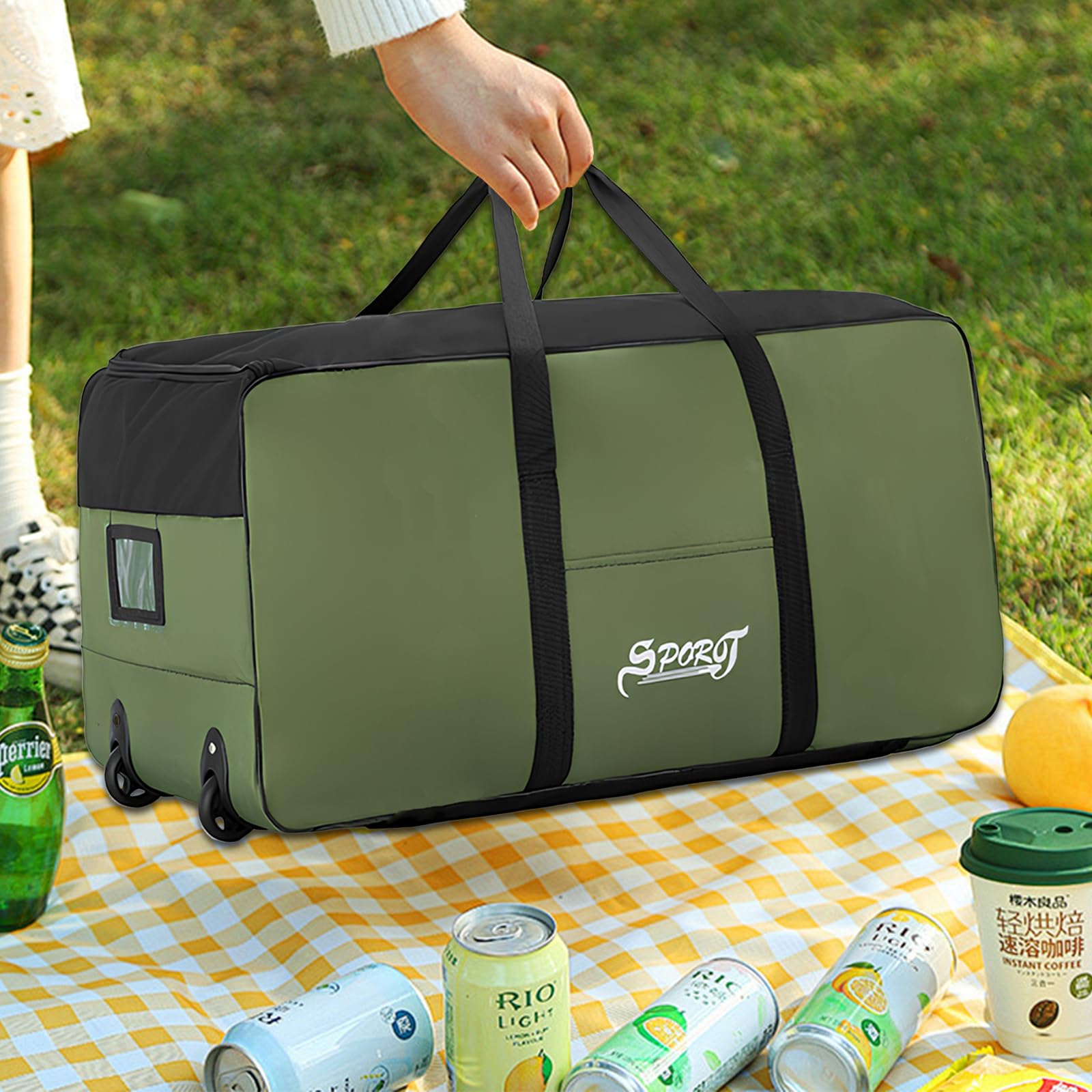 Bolsas de Viaje Grandes con Ruedas, 120L Bolsa de Deporte con Ruedas Impermeable, Bolsa Fin de Semana Plegable para Mujer Hombre, Bolsa Gimnasio para Viajes Deporte, 80x40x40cm (Verde)