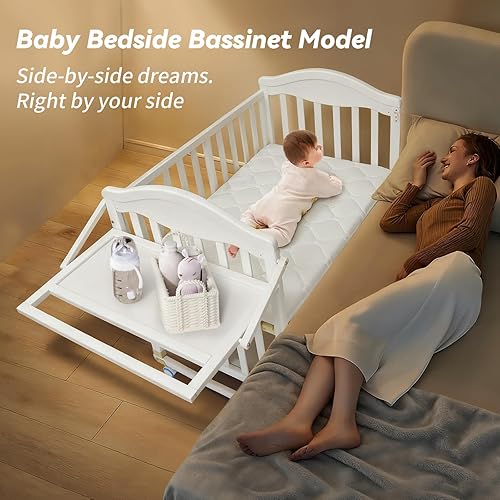 Miniatura 2 de Mini cuna portátil - Cunas para Bebes 4 en 1 Modernas con estante de almacenamiento plegable y colchón incluido, 2025 pequeño bebé de madera al lado