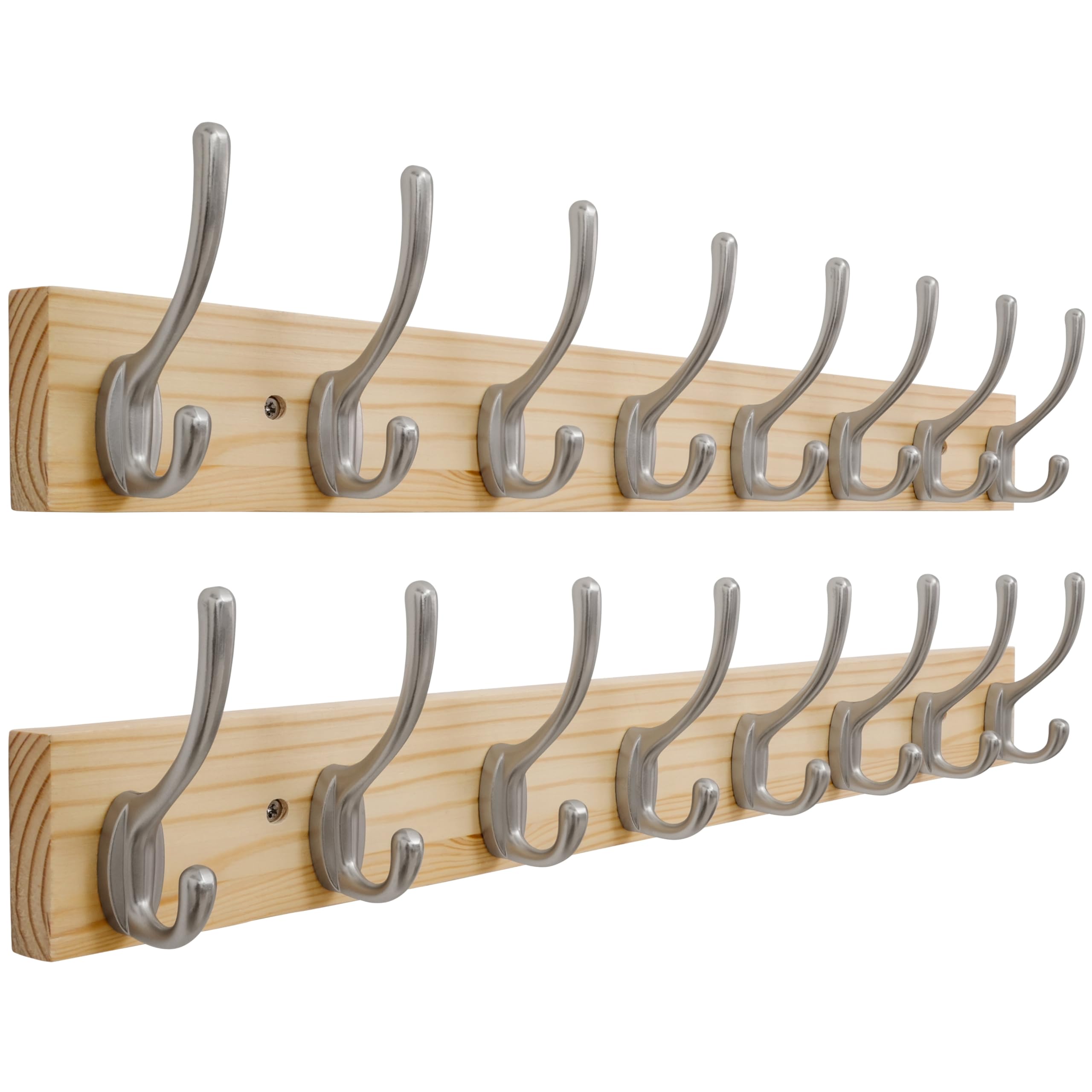 SKOLOO Solid Pine Wood Wall Mounted Coat Hooks, 56cm Long, Pack of 2, 8-Hook Modern Entryway Organizer with 16" Stud Installation, for Hallway, Bathroom, Kitchen (Natural Wood & Nickel Hooks)​