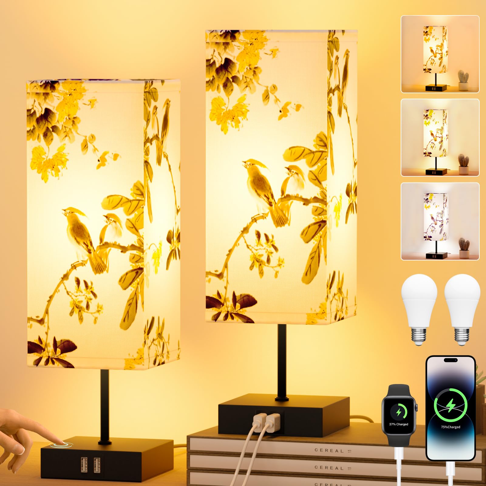 Yeeklab Nachttischlampe Touch 2er Set, Tischlampen mit 2 USB Ladefunktion