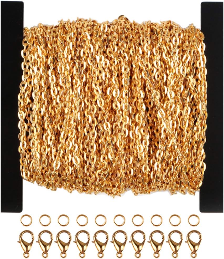 Ucatcher 39 Feet Curb Chain Necklace Bulk Cable 2mm Width with 30 Lobster Clasps and 100 Open Jump Rings (Gold)