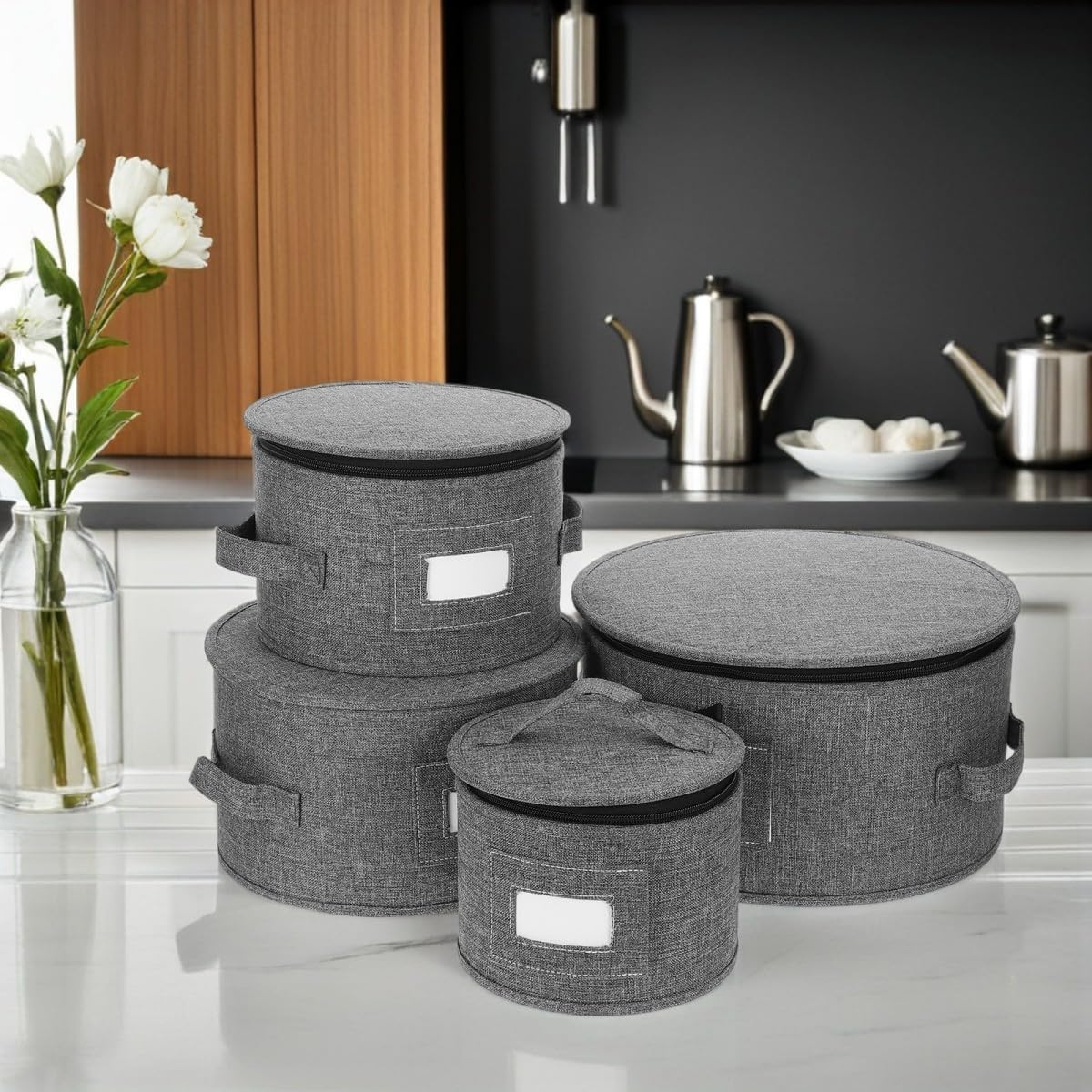 4pcs Fabric Plate Storage Containers with Thick Felt Padding and Zippered Soft-sided Design Portable and Space-saving Dish Storage Cases for Closet Shelf