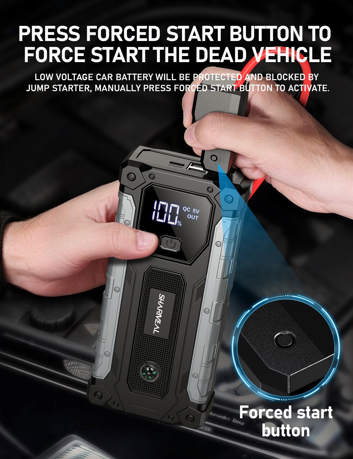 Arrancador de Coche, 10000A Arrancador de Baterías de Coche, 12V Arrancador de Portátil con para All Gasolina o 10L Diesel, Clips de Seguridad Inteligentes, Portable Jump Starter con Linterna LED